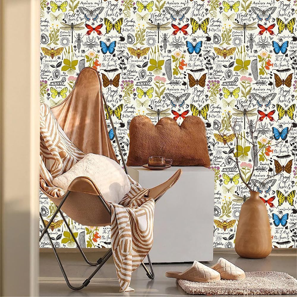Boho Modern Butterfly Yellow Insect Sketch Peel and Stick Wallpaper Easy Peel Off Contact Paper Stick on Adhesive Wall Paper for Bathroom Waterproof Renter Friendly