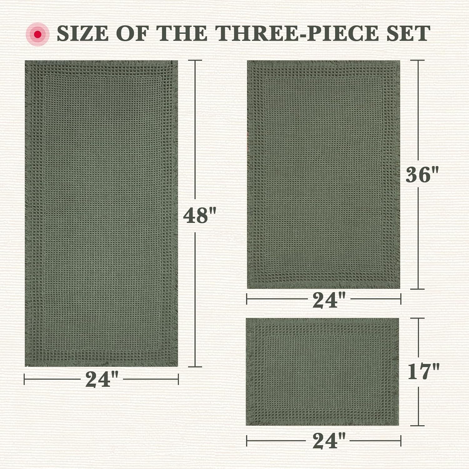 Waffle Bath Mat, Modern Woven Absorbent Non Slip Bathroom Rugs, Machine Washable Bath Rugs, Quick-Drying Bathroom Mats, Boho Tassel Style Suitable For Bathroom Floor, Green, 24"X17"+36"X24"+48"X24"