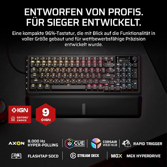 Corsair Vanguard PRO 96 Wired Gaming Keyboard - Black QWERTZ DE Hall Effect 96% MGX Hyperdrive Switch 8000Hz Rapid Trigger Virtual Stream Deck SOCD Flash Tap