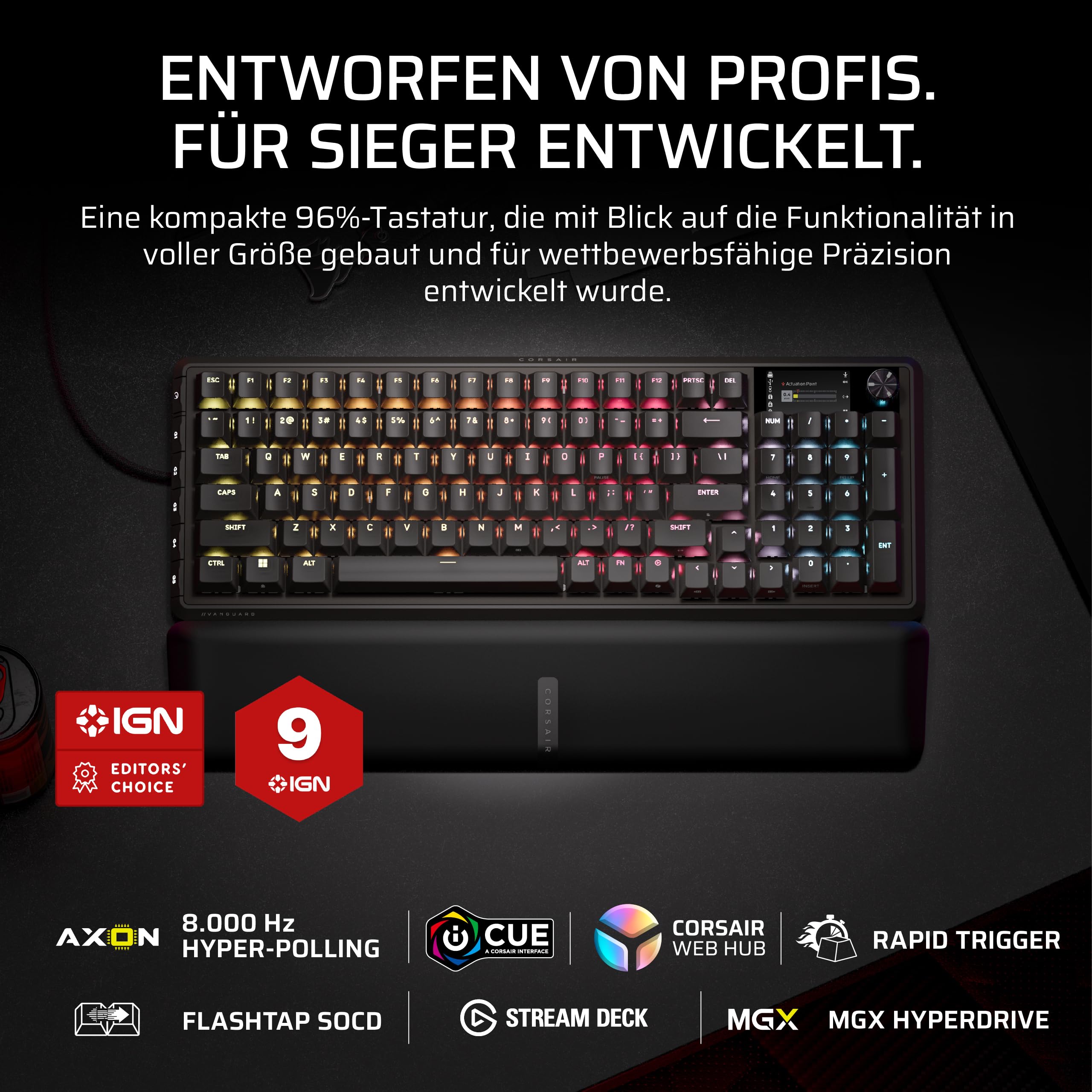 Corsair Vanguard PRO 96 Kabelgebundene Gaming-Tastatur Schwarz QWERTZ DE Hall-Effekt 96% MGX Hyperdrive Schalter 8000Hz Rapid Trigger Virtual Stream Deck SOCD Flashtap