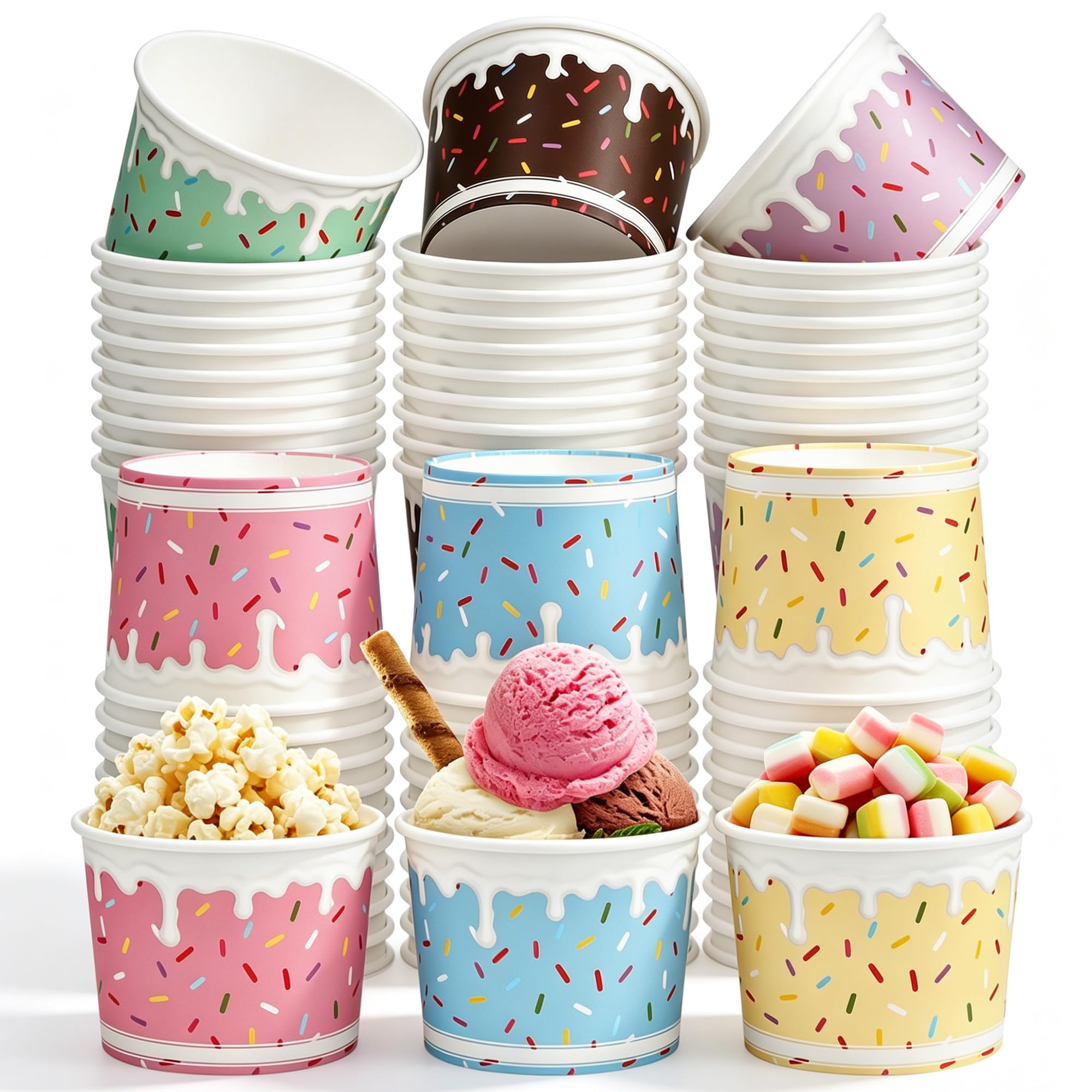 Aodaer 60 Pack 8oz Paper Cups Sprinkles Ice Cream Bowls Disposable Snack Bowls Dessert Cups Treat Sundae Yogurt Hot or Cold Food Containers Party Supplies for Birthday Wedding Summer Party, 6 Color