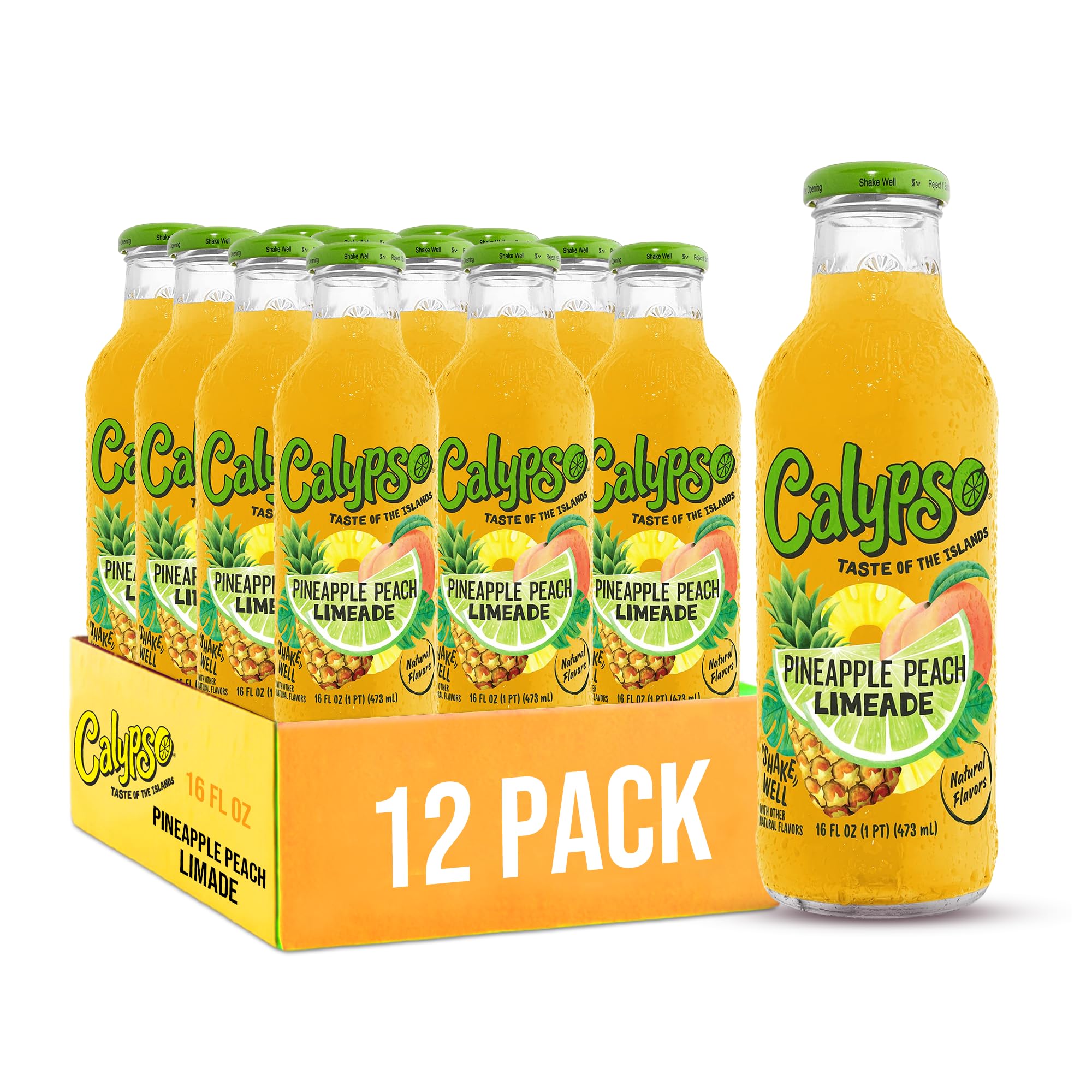 Calypso Limeade, Pineapple Peach Limeade, Made with Real Fruit, 16 Fl Oz Glass Bottles (Pack of 12)