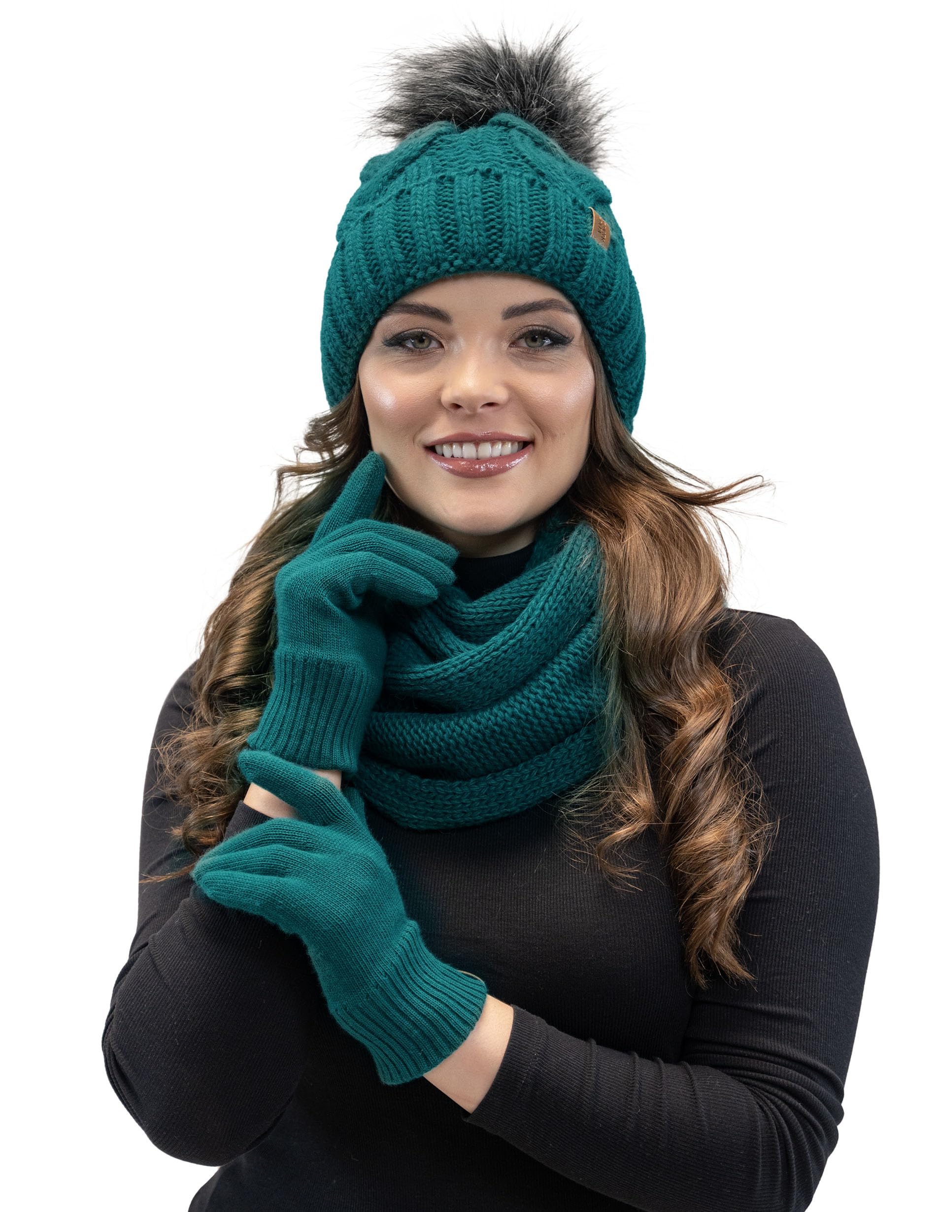 Vivisence Women Winter Hat Scarf And Gloves Set Soft Fleece Lining Cozy Warmth, Dark Turquoise,UNI