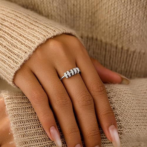 Miniatura 3 de LOVECOM Anillo giratorio de plata de ley 925 con cuentas de circón para aliviar el estrés, anillo giratorio para mujer, anillo giratorio para
