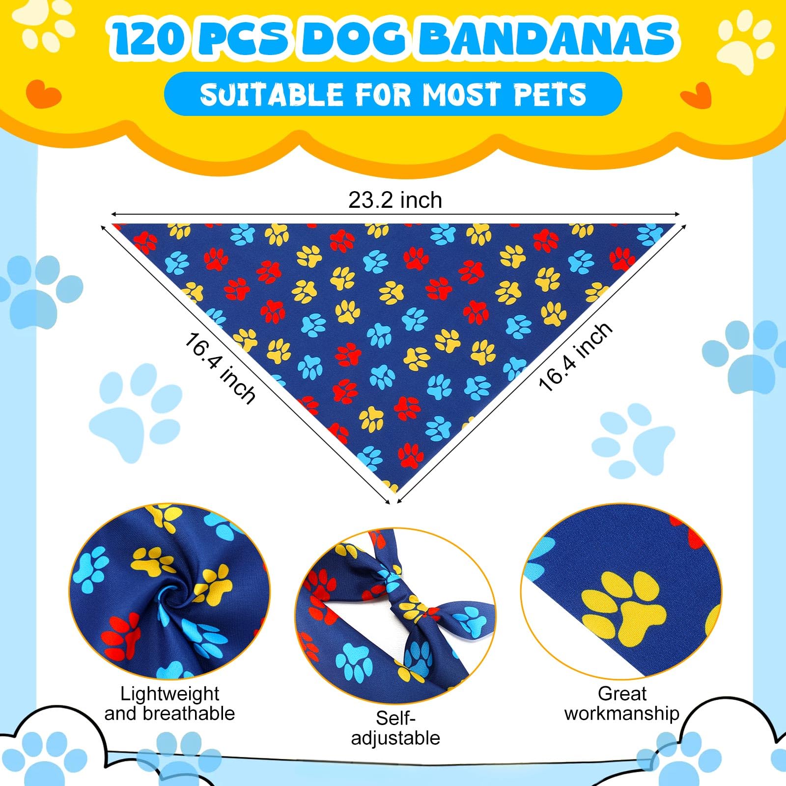 Sanwuta 120 bandane per cani con stampa di zampa blu, bandane per cani, triangolo, fazzoletto, bavaglino, set per costumi per animali domestici, accessori quotidiani