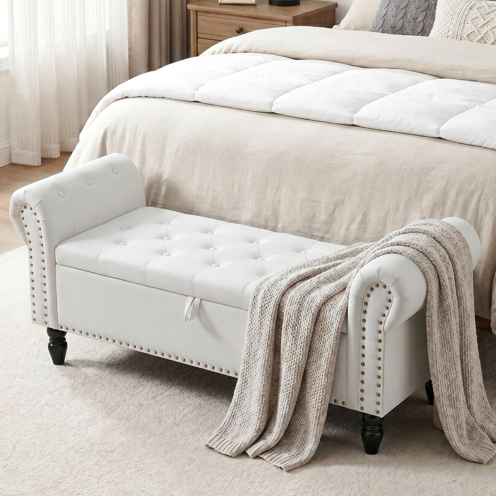 Clevich Cassapanca, Velluto Pouf Contenitore 133cm, con asta a gas Booster, estremità letto con coperchio, Ottomano con gambe in legno, per corridoio, sala da pranzo, camera da letto (Bianco sporco)