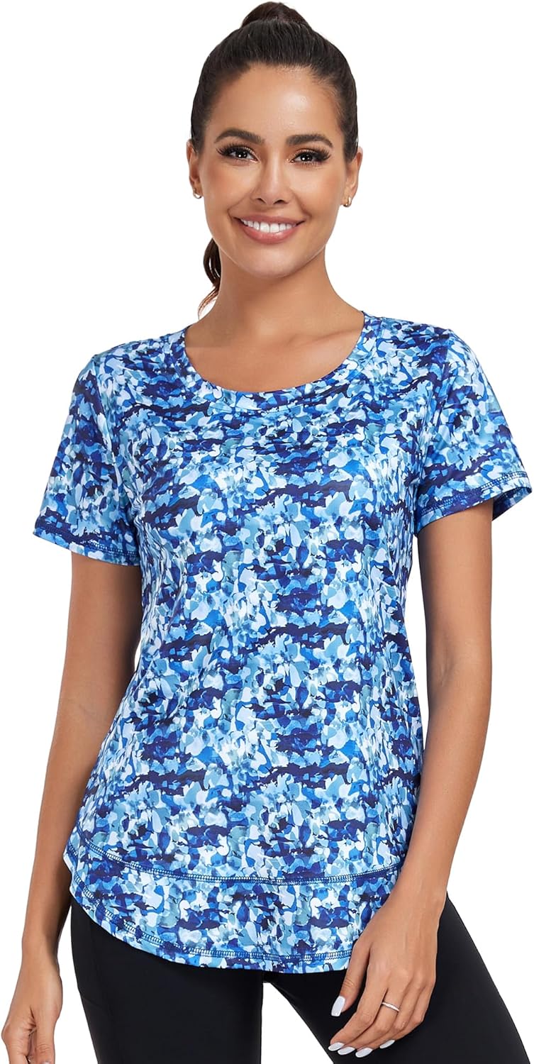 Women's Short Sleeve Workout Shirts Crew Neck Sports Yoga Running Quick Dry Tops Side Split Tee - Image 4