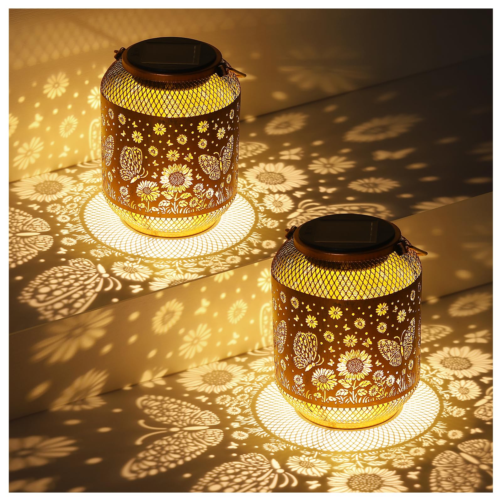 2 Pack Solar Lanterns Outdoor Waterproof Butterfly Garden Decor Birthday Gifts for Women Mom Grandma Hanging Solar Lights Metal Decoration Outside for Yard, Patio, Backyard, Porch, Pathway