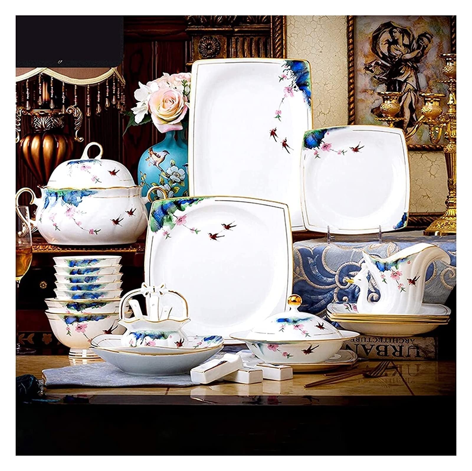 H3TF5J Luksusowy ceramiczny zestaw zastawy stołowej, 50 sztuk kości w Chinach, zastawa stołowa, Wysoka temperatura Zdrowa porcelana, prezent ślubny i parapetacyjny, projektowanie w stos