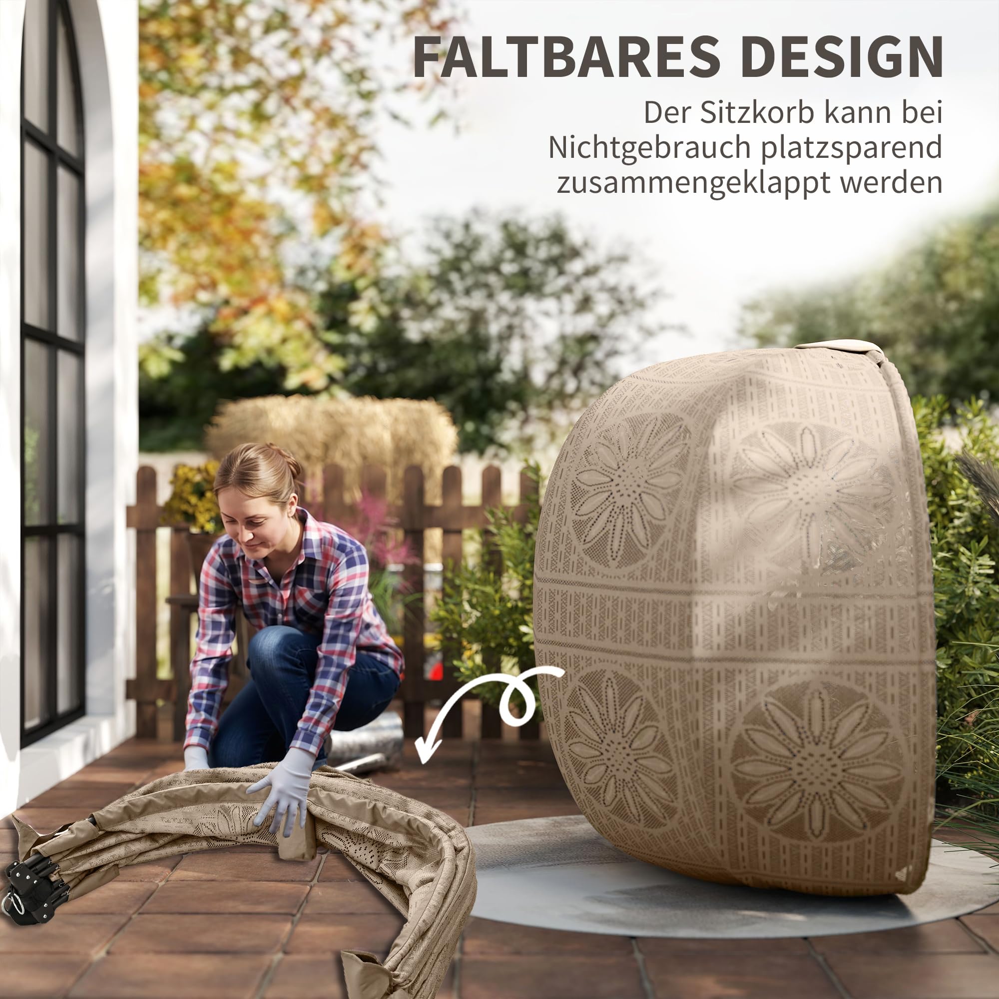 Outsunny Hängesessel, Hängeschaukel, Hängestuhl mit Sitzkissen, Klappbarem Sitzkorb, für Indoor, Outdoor, bis 120 kg Belastbar, Polyester, Sand