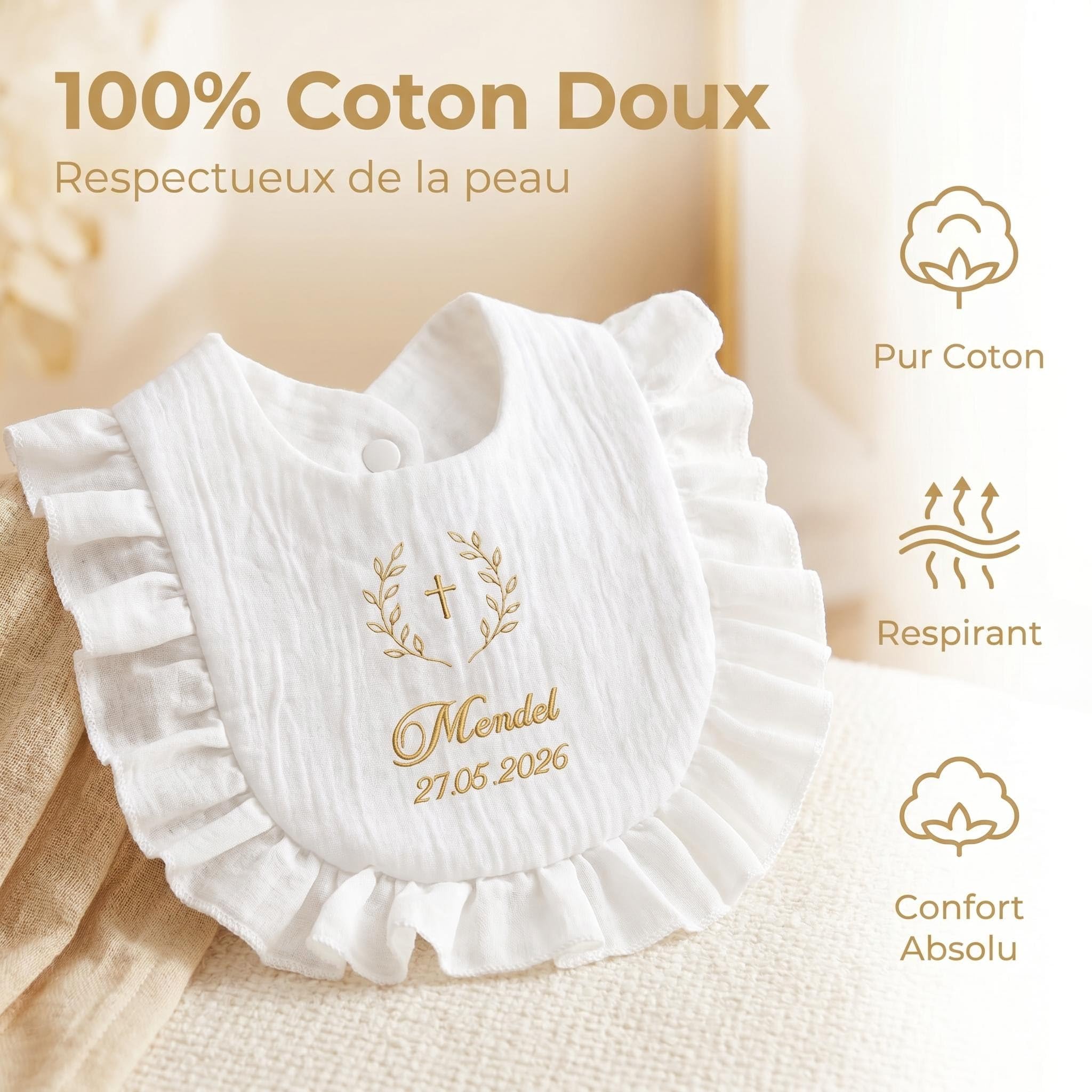 XIAOMA Bavoir Baptême Personnalisé pour Bébé – 100% Coton Doux, Broderie Prénom et Date, Cadeau Baptême avec Coffret, Livraison Rapide 48h