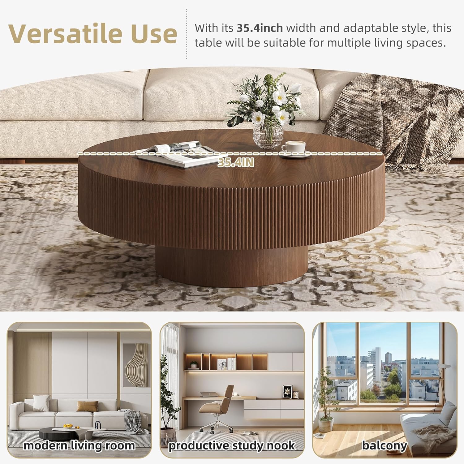 Merax Modern 35.4 Inch Round Large Coffee Table with Sturdy Base, Wood Minimalist Fluted Center Table for Living Room Reception Room, Easy Assemble, Walnut