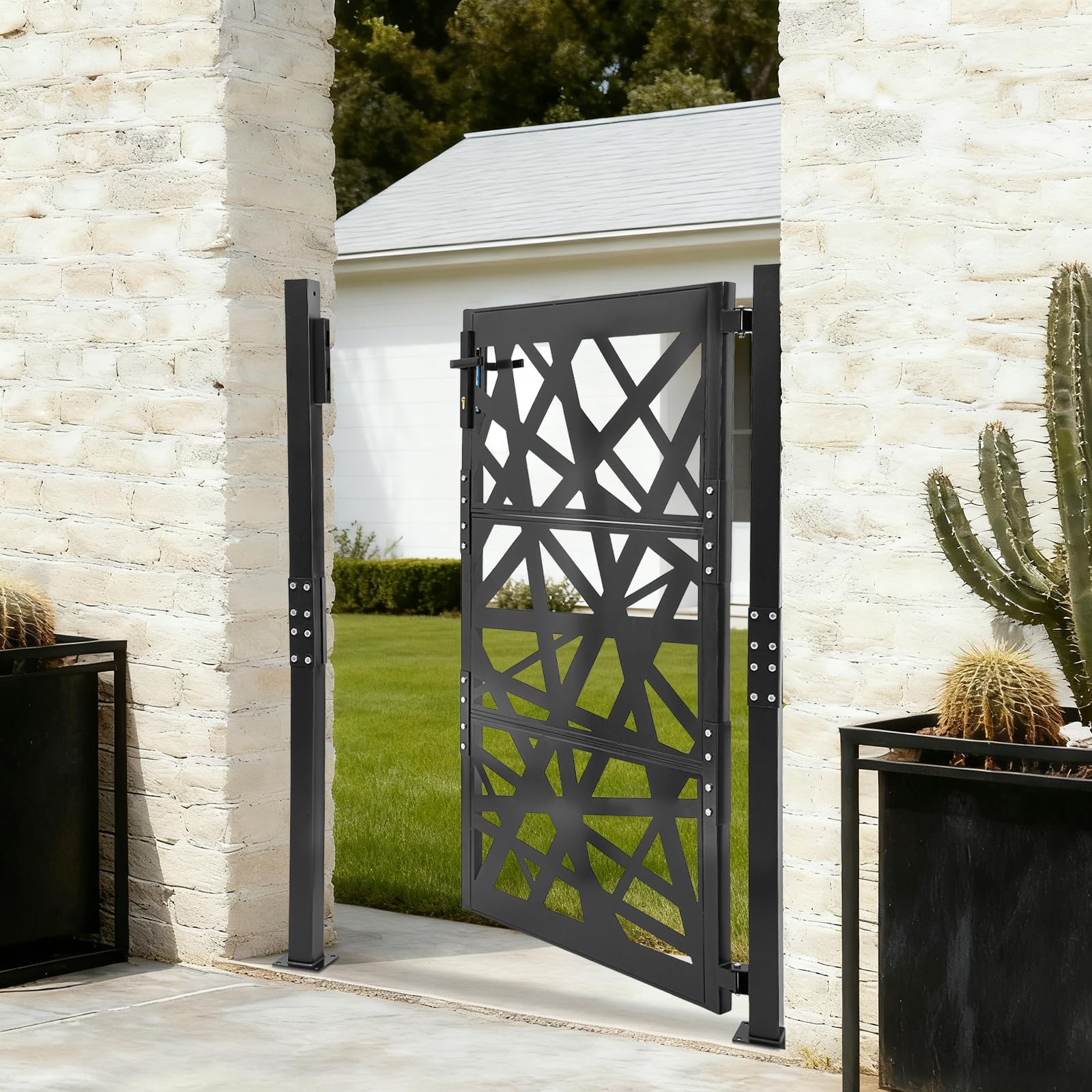 Moderna puerta de jardín de metal, 105 x 150 cm, con cerradura de seguridad, apertura de 180°, para terraza, jardín, almacén en marrón, negro y blanco, para patio y como protección visual