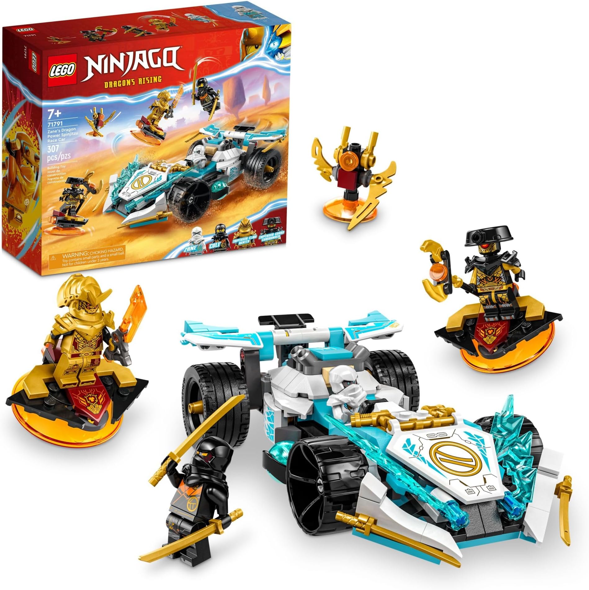 NINJAGO Zane’s Dragon Power Spinjitzu Race Car 71791 Building Toy Set, Features a Ninja Car, 2 Hover Flyers, Dragon Toy, and 4 Minifigures, Gift for Kids Aged 7+
