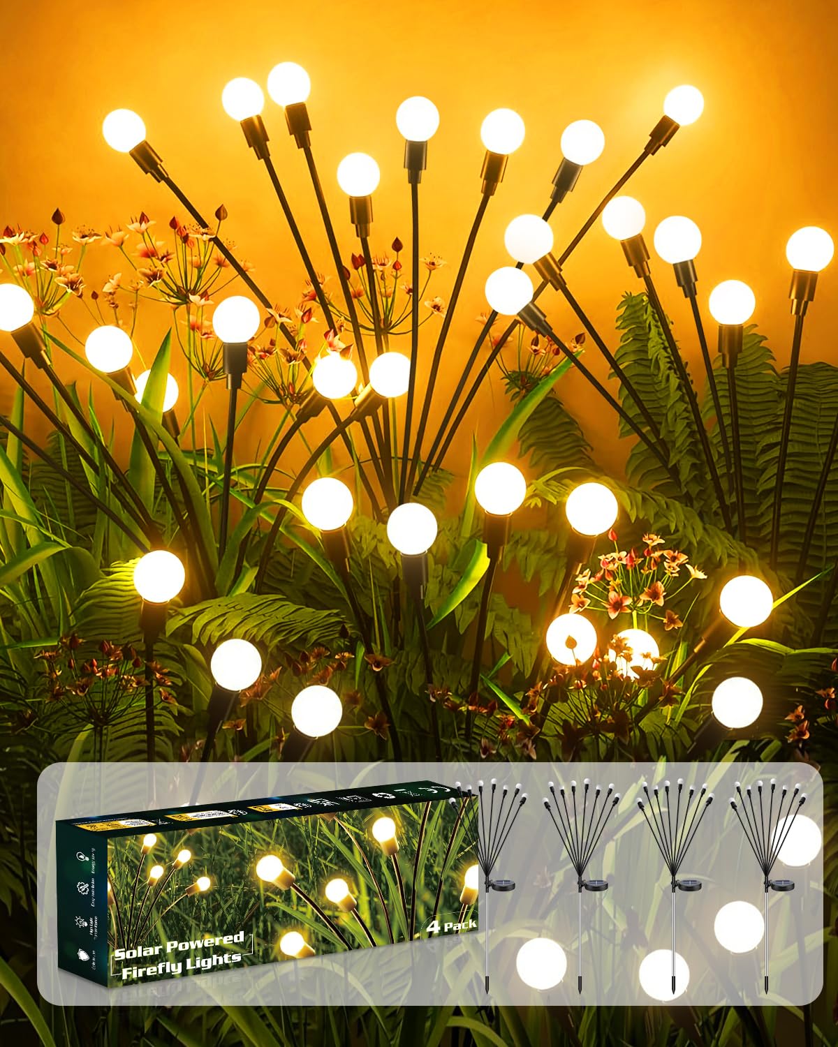 AdalyRoma 4 Stück Solarlampen für Außen,Insgesamt 32 LED-Lampen,2 Lichtmodi,solarbetriebene Glühwürmchen gartendeko für draußen,IP65 Wasserdicht Solarleuchten Garten Deko für Pathway Yard Balkon