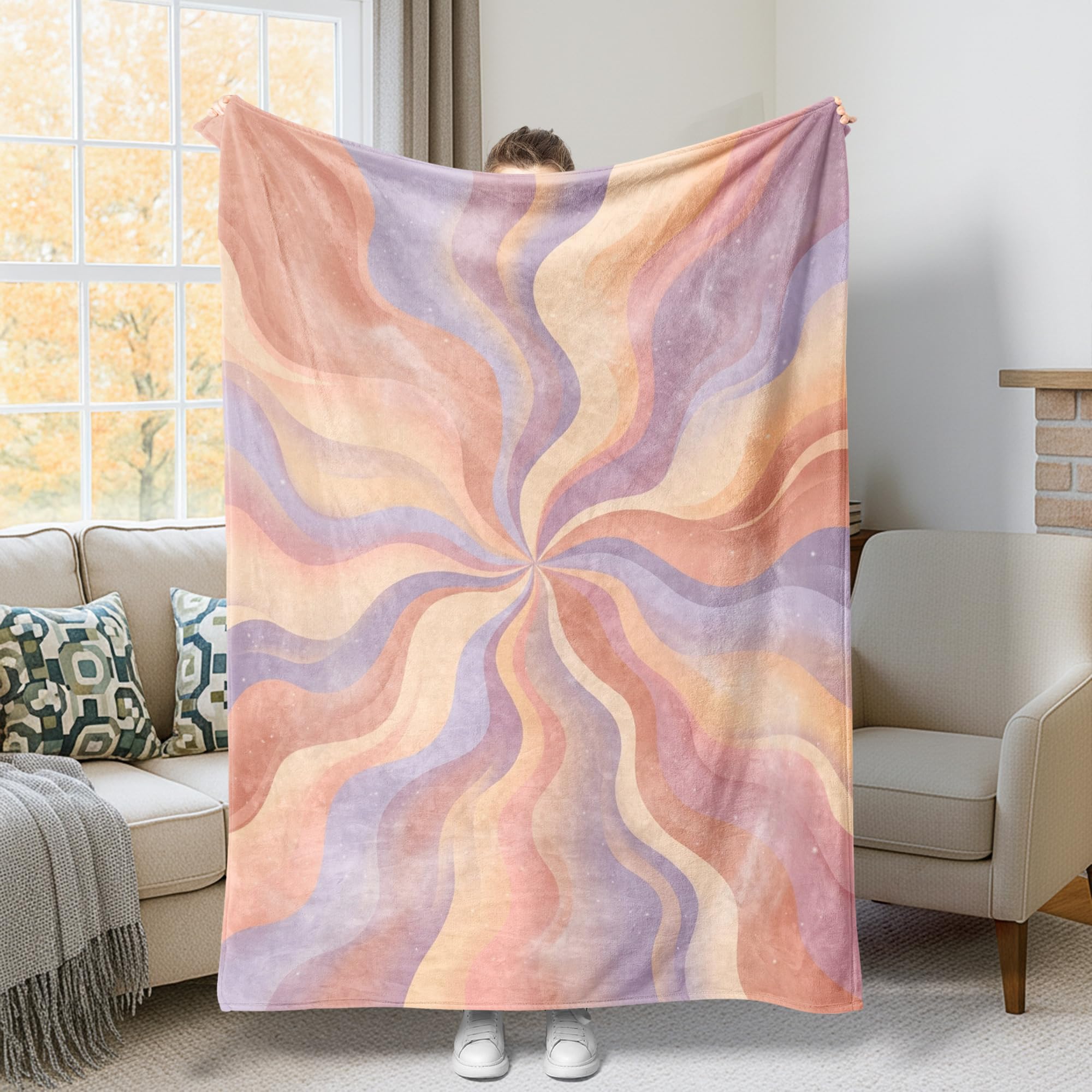 Couverture douce flanelle haut de gamme lit et dortoir motif vagues pêche