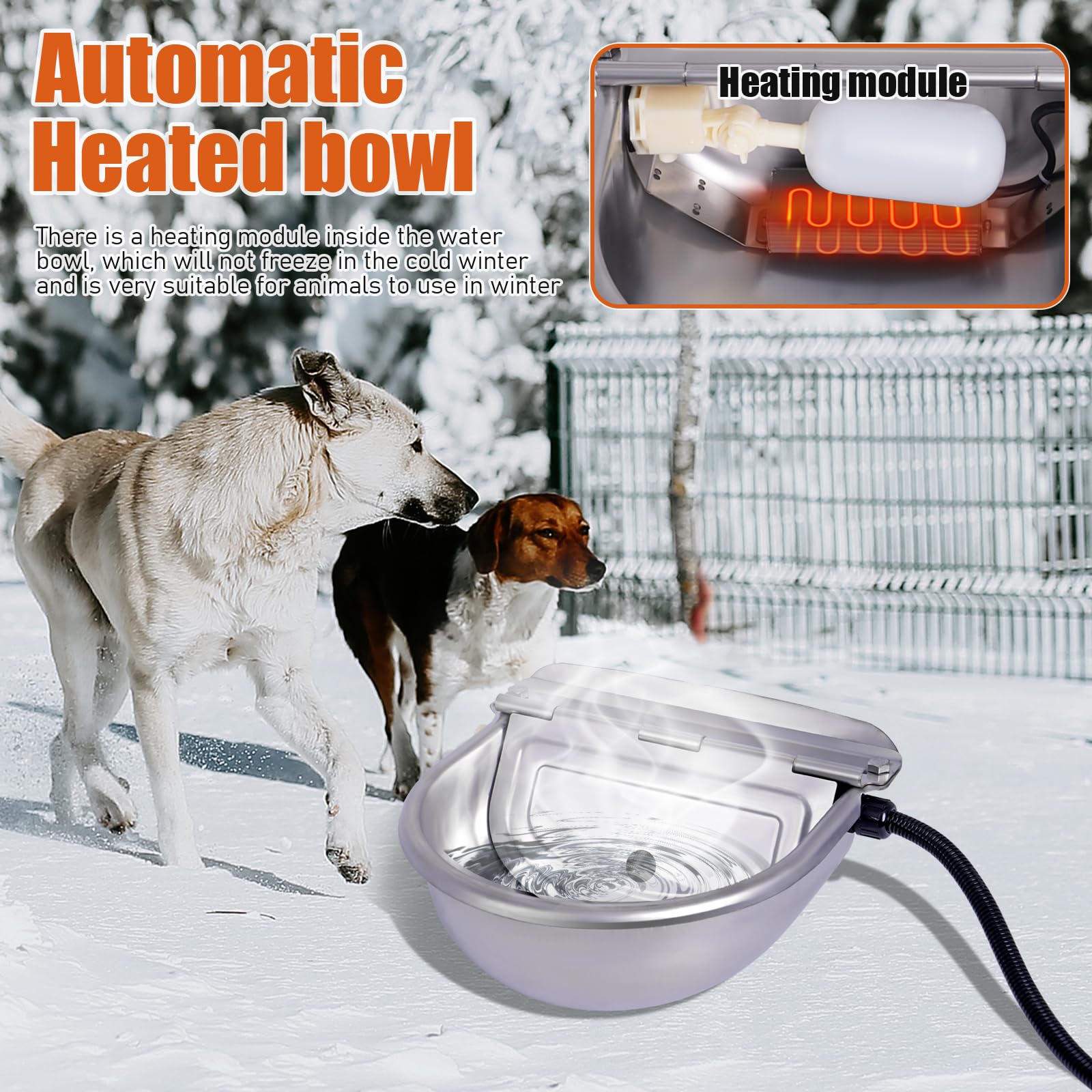 Ciotola automatica per cani, 220 V, per esterni, con valvola a galleggiante, 2,5 l, in acciaio inox, riscaldata, per animali domestici, abbeveratoio per bestiame all'aperto, per cani, bovini,