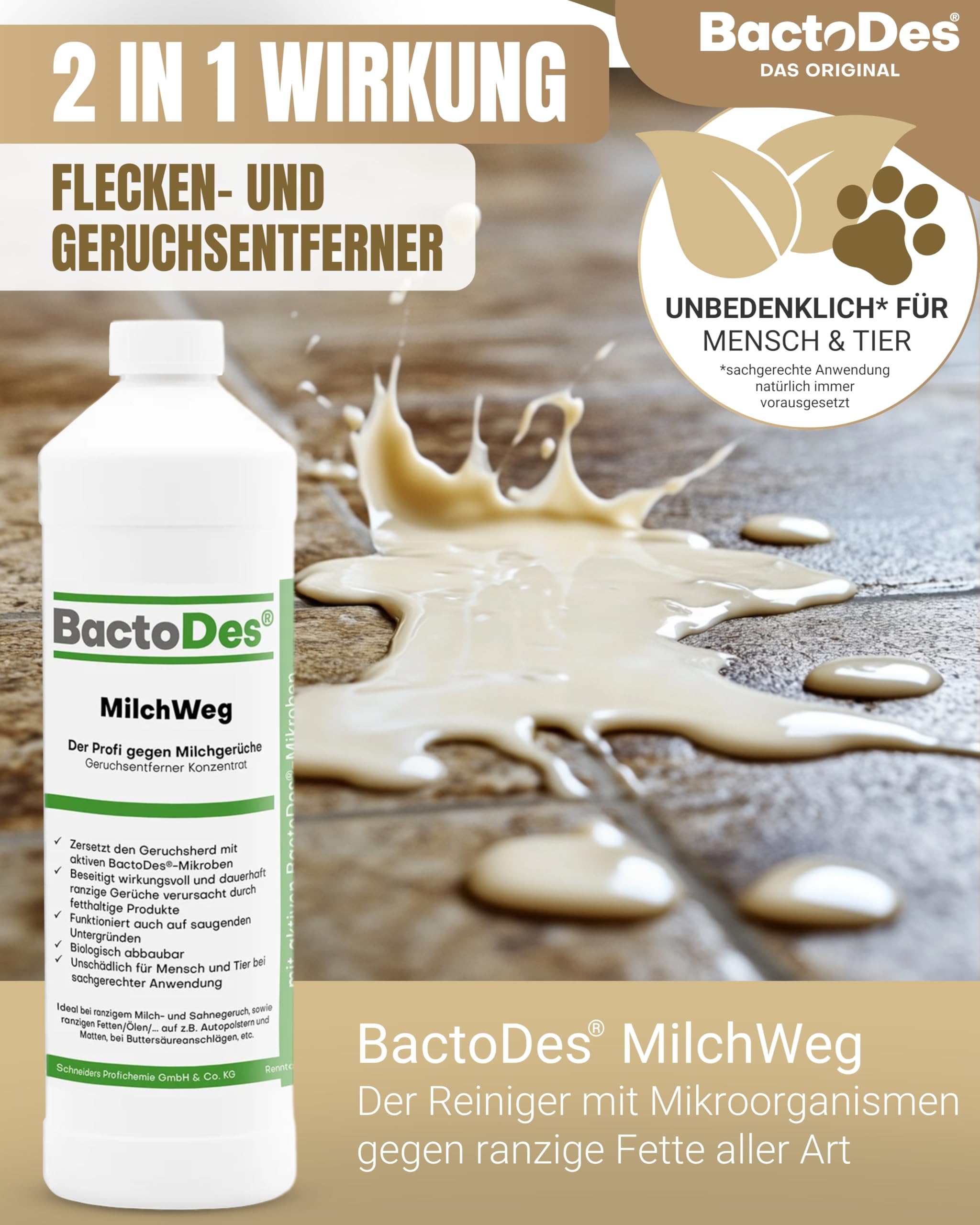 BactoDes - MilchWeg spezial Geruchsneutralisierer 2L Konzentrat mit Spray-Mischflasche - Enzymreiniger mit BIO Mikroben-Wirkung gegen Milchgeruch - Ranziger Fettgeruchsentferner für Sahne, Fett, Öl