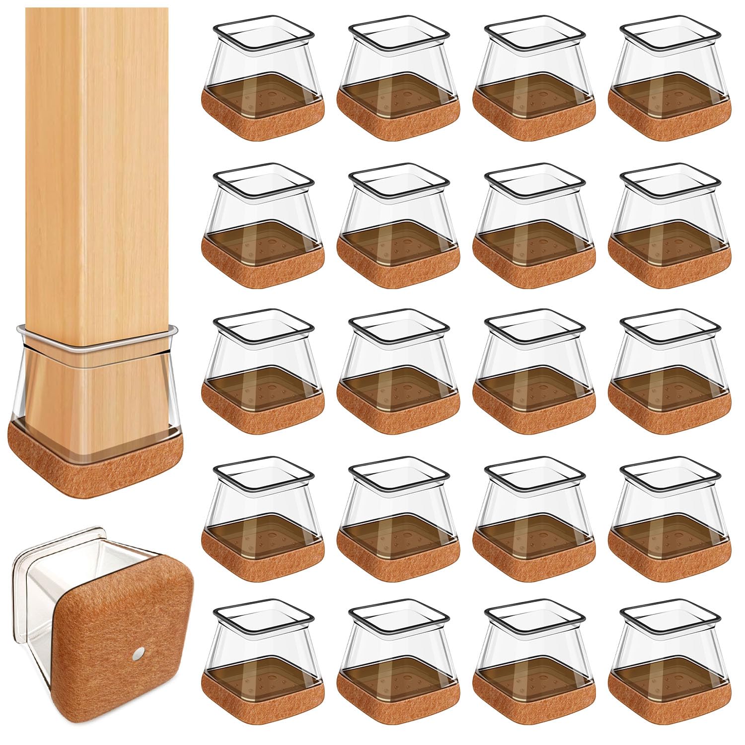 32 Pezzi Gommini per Sedie Quadrat, Feltrini per Sedie Trasparente Silicone Con feltrini, Protezioni per le gambe delle sedie in per pavimenti in legno（Fit: 40-50mm)