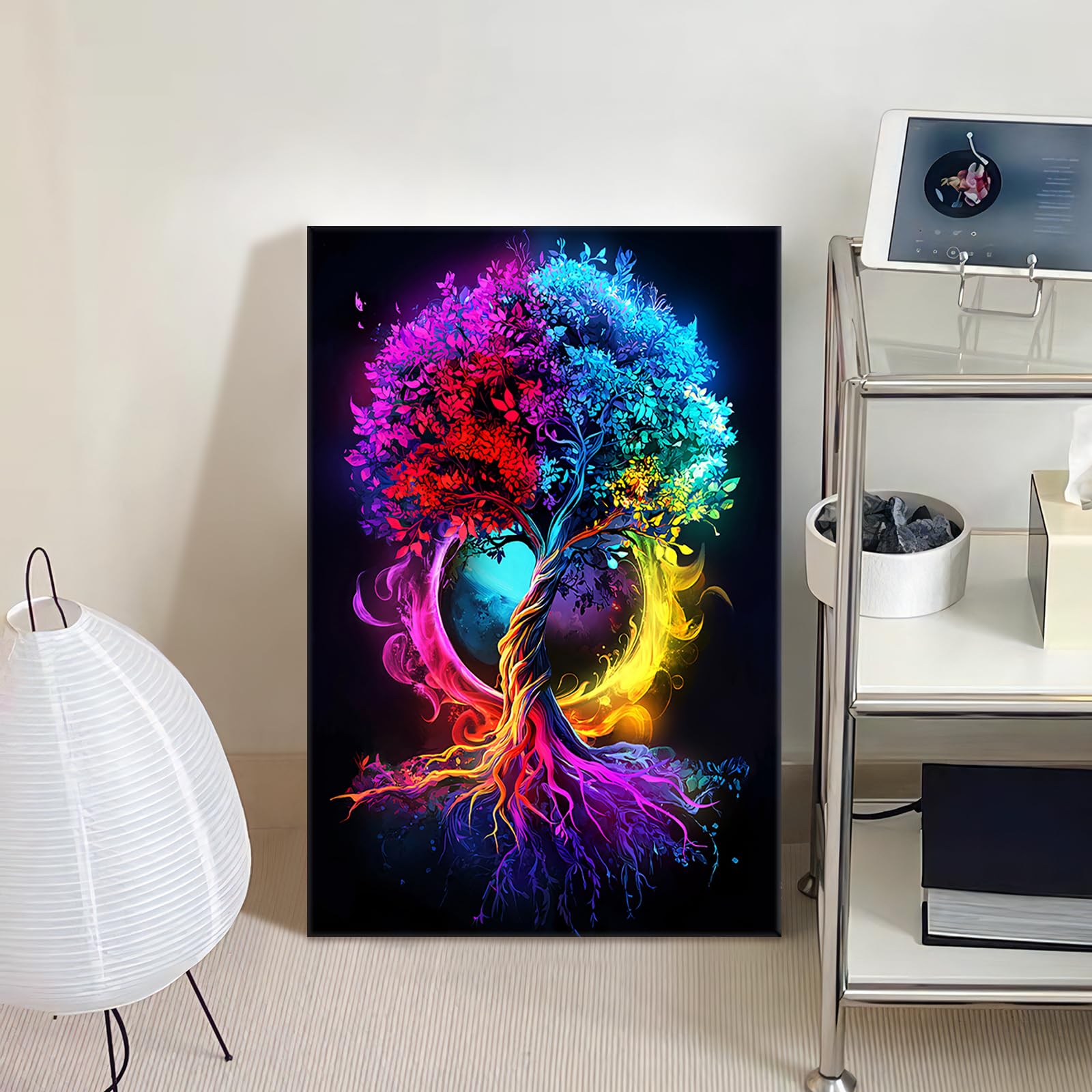 Wooden Framed Canvas Wall Art Red Blue and Yellow Tree of Life Painting on Canvas Prints Poster Abstract Fantasy Fortune Tree Pictures for Living Room Bedroom Home Hallway Corridor Wall Decor 40x60cm - Image 2