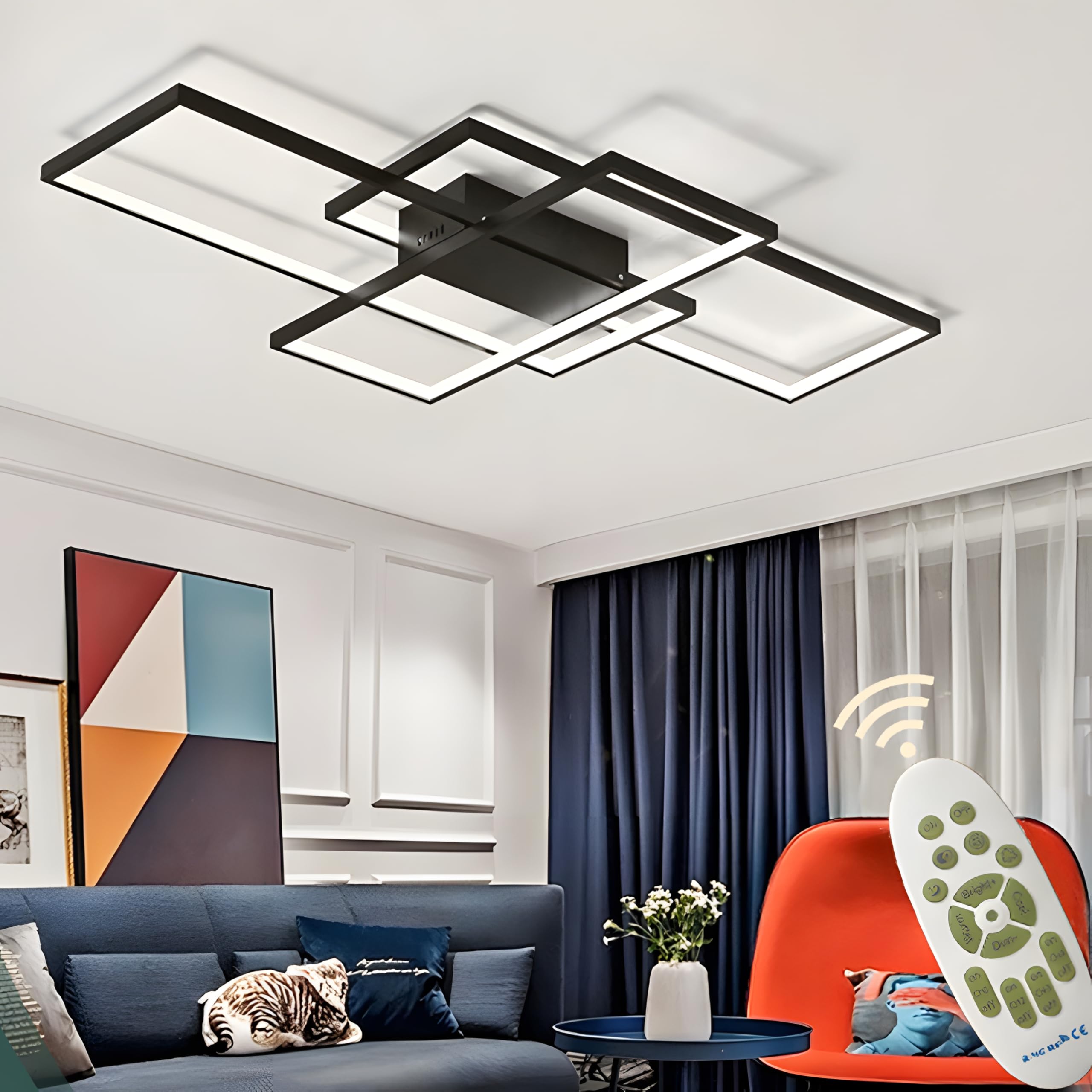 Deckenlampe Wohnzimmer 60W Modern LED Deckenleuchte Eckig, 3000k-6000k Lampen Wohnzimmer Deckenbeleuchtung mit Fernbedienung （80cm，Schwarz）