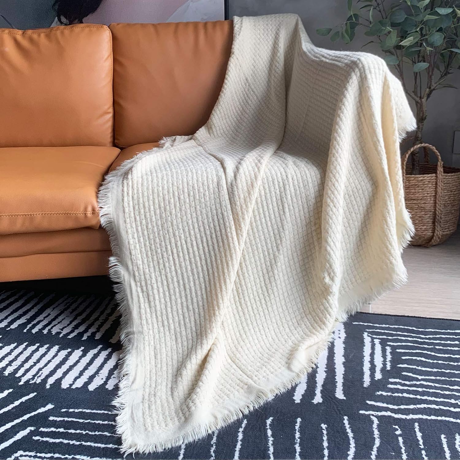 DISSA Knitted Blanket Textured Solid Super Soft Cozy Plush Lightweight Decorative Throw Blanket Fluffy Woven Blanket for Bed Sofa Couch Cover Living Bed Room (Cream, 51"x63")
