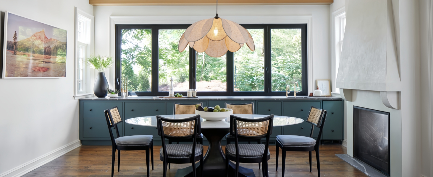 Image of Large Linen Chandelier Fixture, 22in Boho Chandelier Light Fixture, Woven Coastal Rattan Chandelier Fixture, Wicker Hanging Pendant Lights for Dining Room, Kitchen Island, Living Room, Bedroom