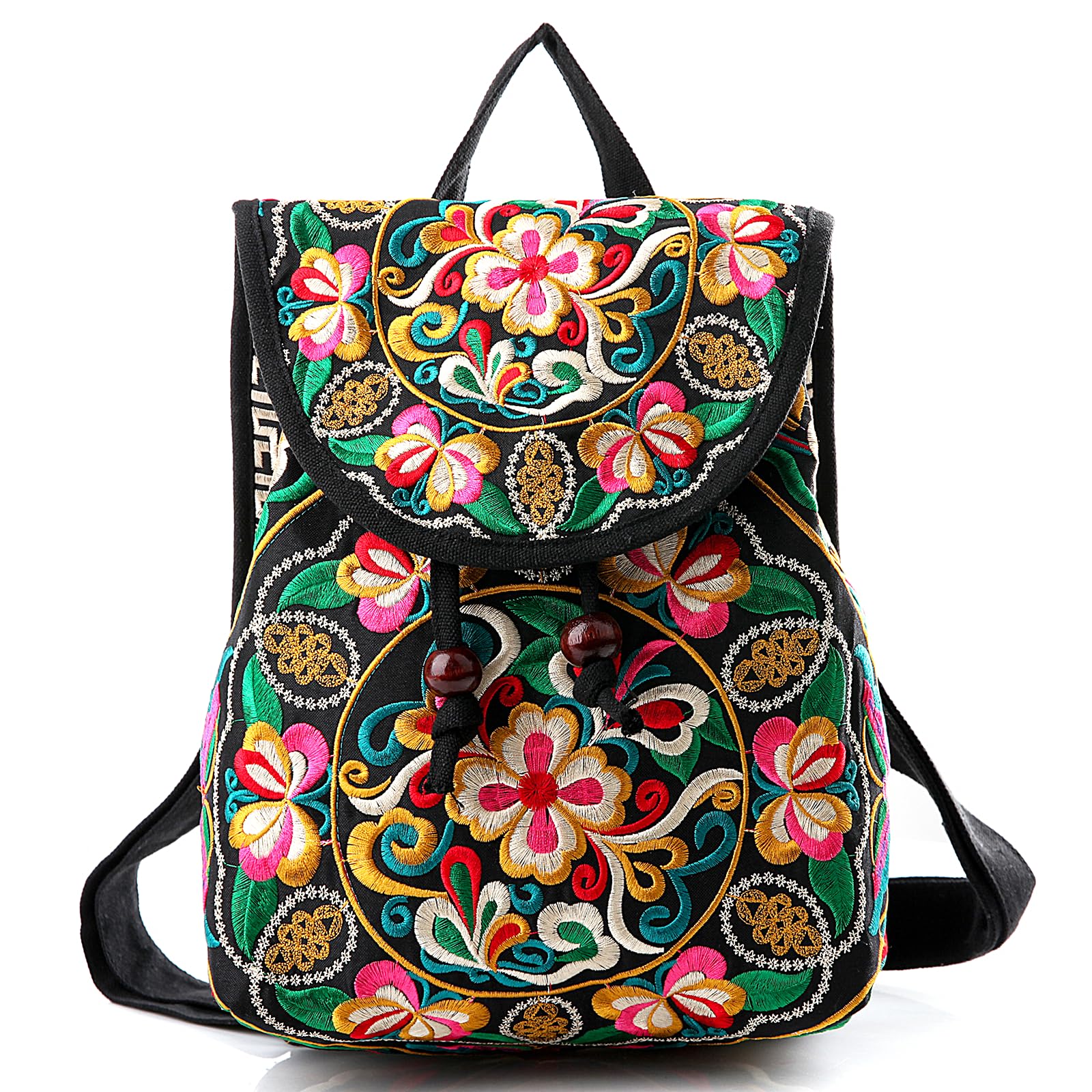 Jursccu Full Embroidered Backpack Purse for Women Vintage Handbag Small Drawstring Casual Travel Shoulder Bag Daypack