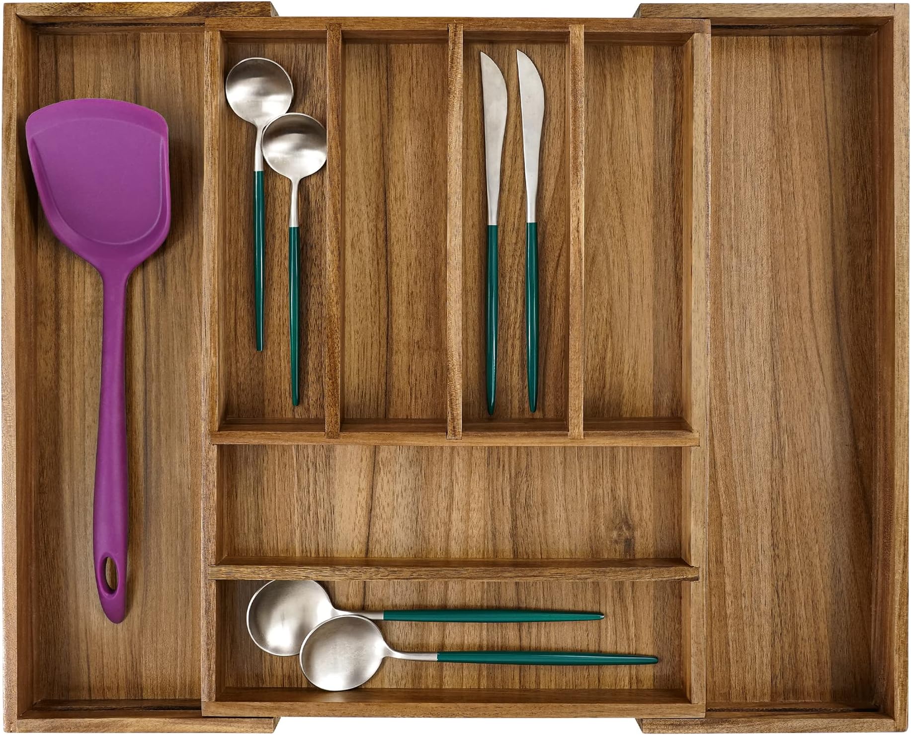 Utoplike Acacia Silverware Drawer Organizer for Cutlery, Adjustable Kitchen Utensil Drawers Organizers, Expandable Wooden Flatware Caddy, Dividers for Knives, Forks, Spoons, 6-8 Slots