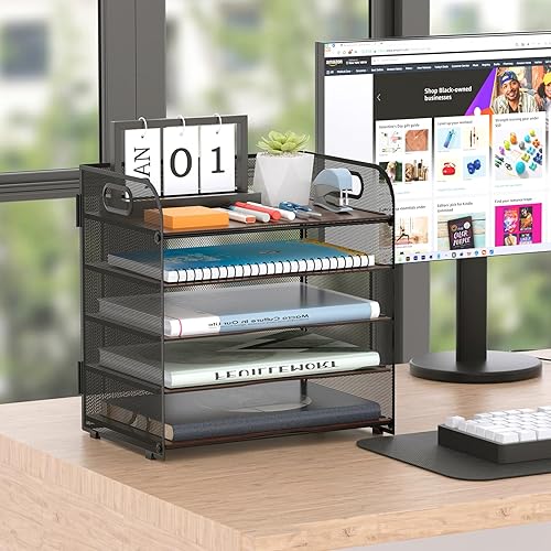 Miniatura 4 de LUCYCAZ Organizadores de escritorio y accesorios, organizador de archivos de madera de 5 niveles, organizador de bandeja de papel de metal para