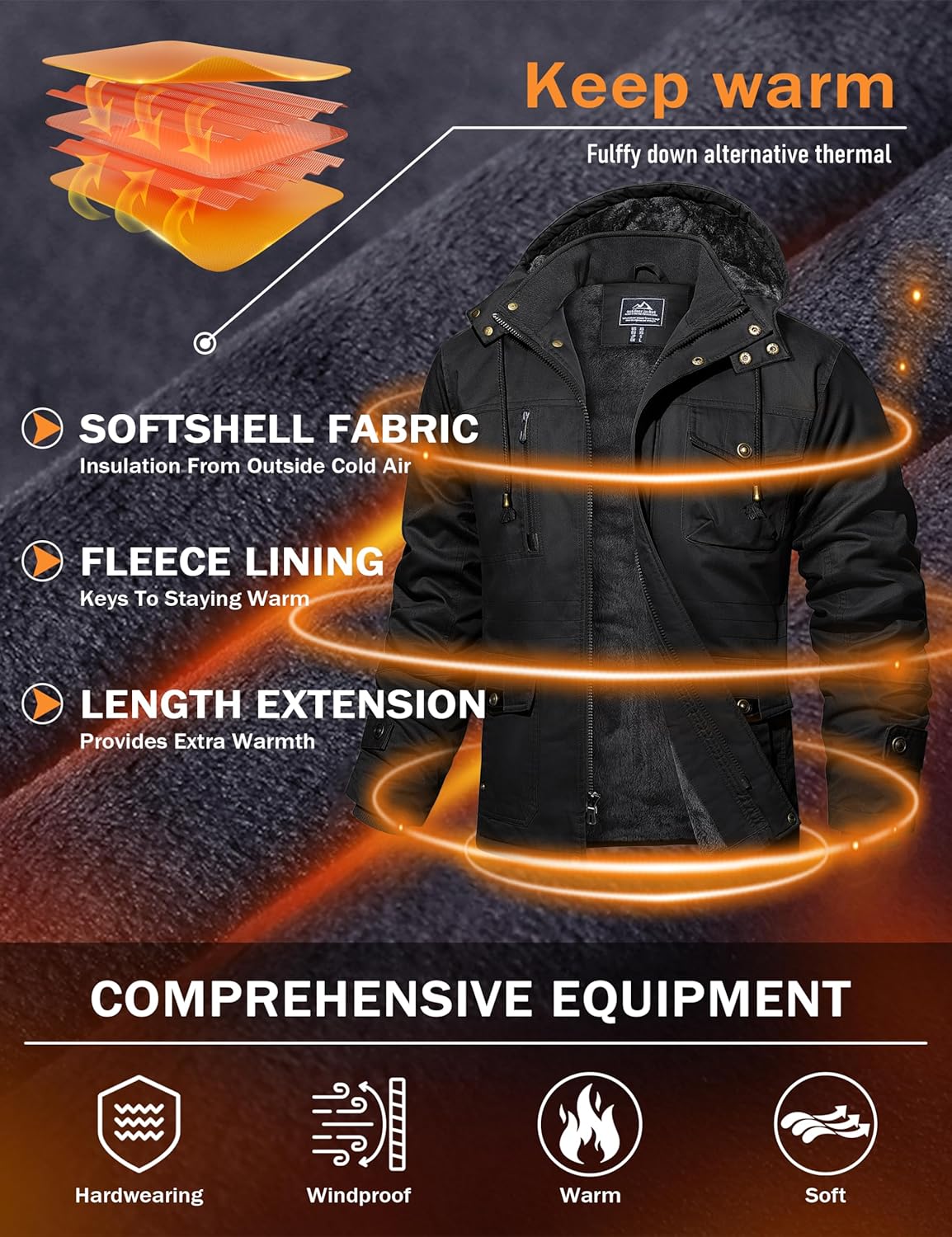 MAGCOMSEN Men's Winter Jacket Cotton Fleece Lined Warm Jackets Work Cargo Military Coats with 6 Pockets - Image 3