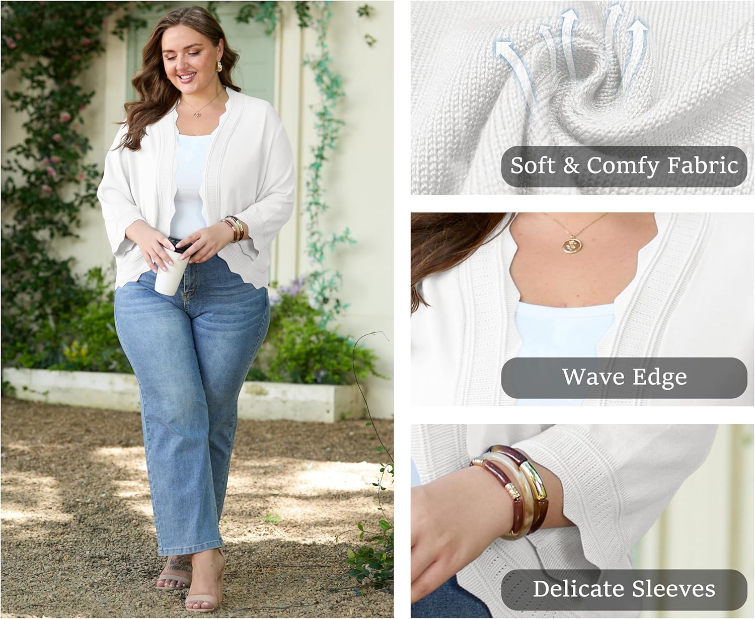 OLRIK Plus Size Cardigan for Women 3/4 Sleeve Lightweight Casual Open-Front Ribbed Wave Edges Knit Cropped Shrugs Sweaters - Image 5