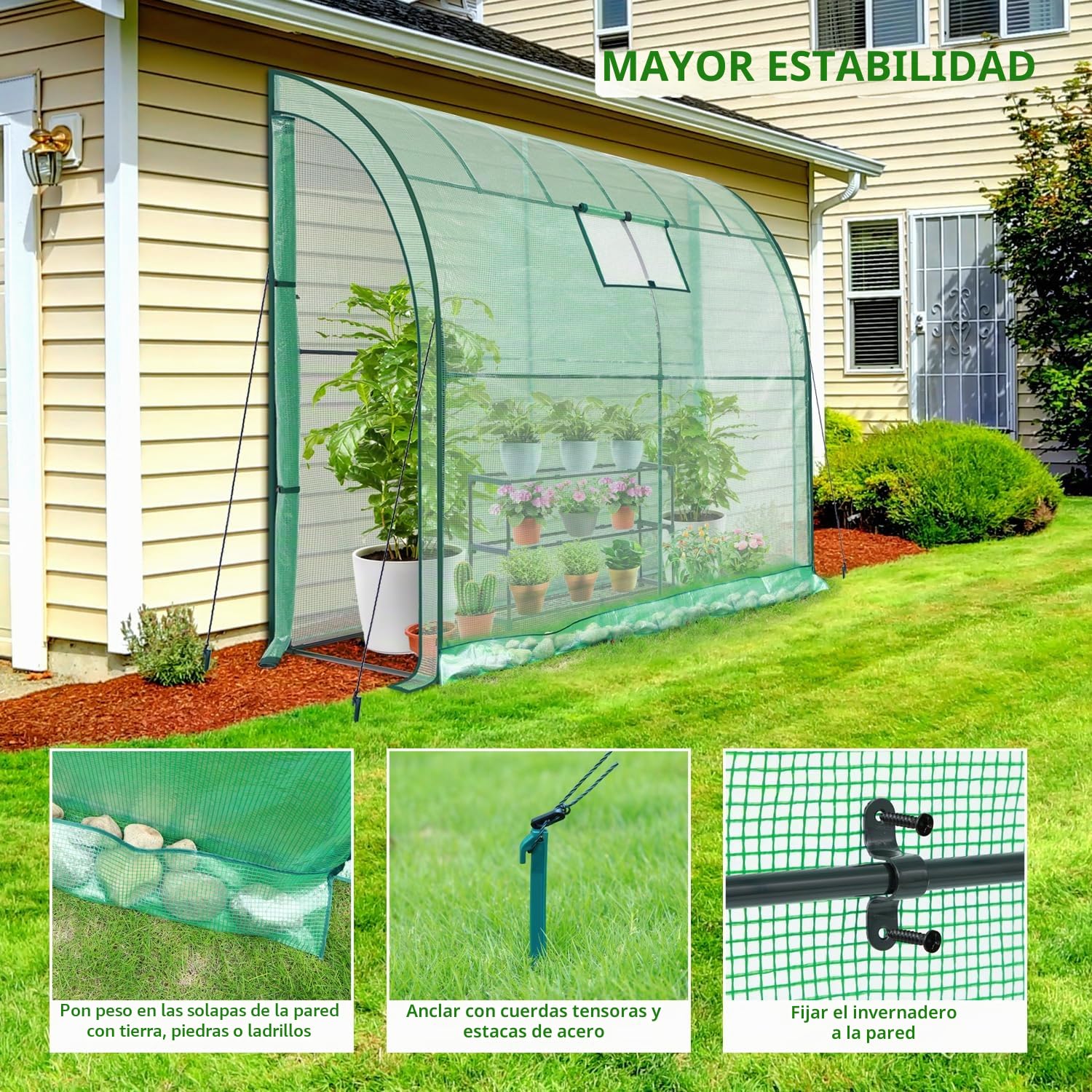 Ohuhu - Invernadero adjunto con toldo de invierno y estante de 3 niveles gratuito, invernadero de plástico con malla de rejilla resistente a los rayos UV para macetas 200x100x210 cm Verde