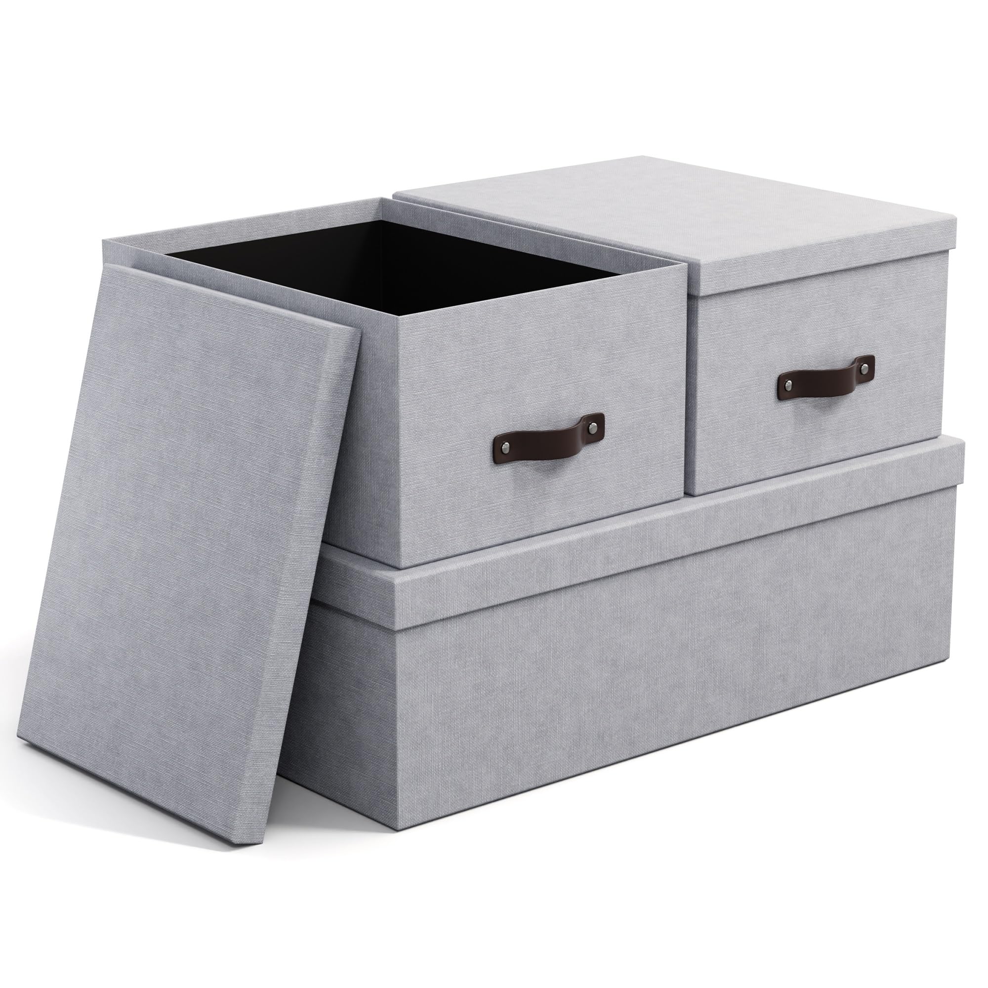 Bigso Box of Sweden Set of 3 Storage Boxes with Lids - Organiser Box For Clothes, Office Equipment and More - Wardrobe Storage Boxes with Labels for Bedding or Seasonal Clothing - Grey
