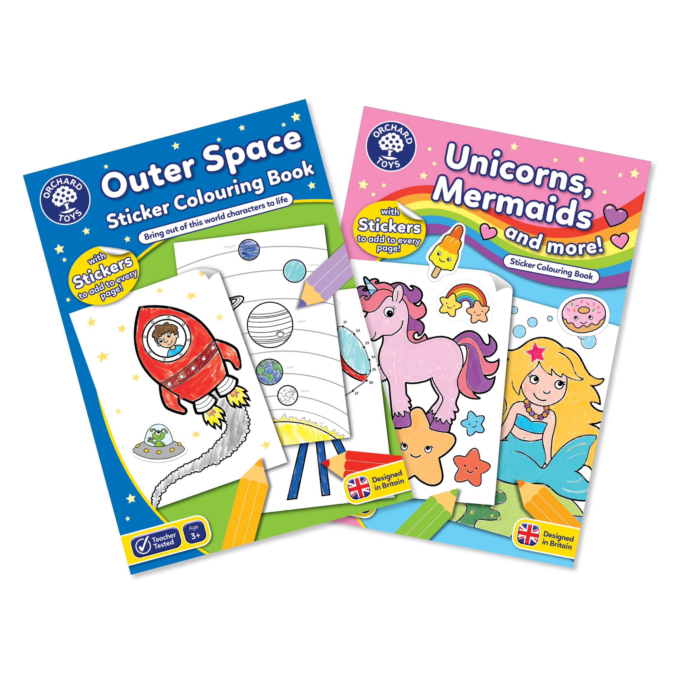 Orchard Toys Outer Space and Unicorns Mermaids Sticker Colouring Book Engaging Educational Activity Designed for Preschoolers and Kids Aged 3 to 7 Years – Set of 2