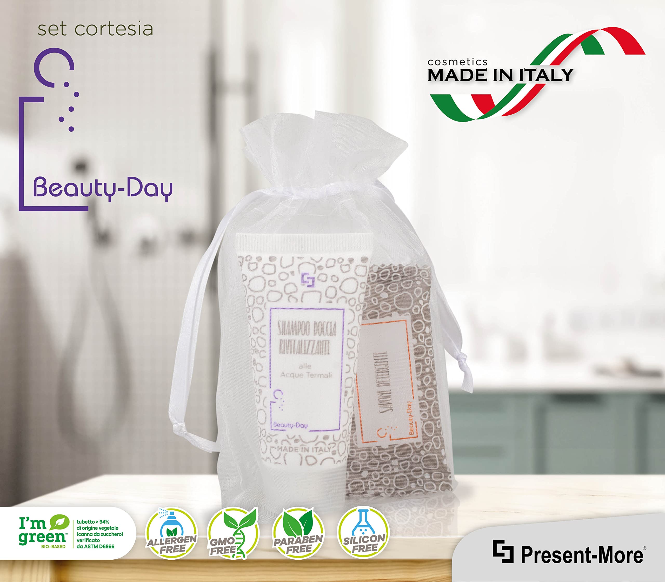 PRESENT-MORE - Set Cortesia 15 Ospiti Beauty-Day Italy - Fragranza Ylang Ylang - Contiene: Shampoo Doccia, Sapone e Cuffia - Made in Italy - Per Hotel e B&B