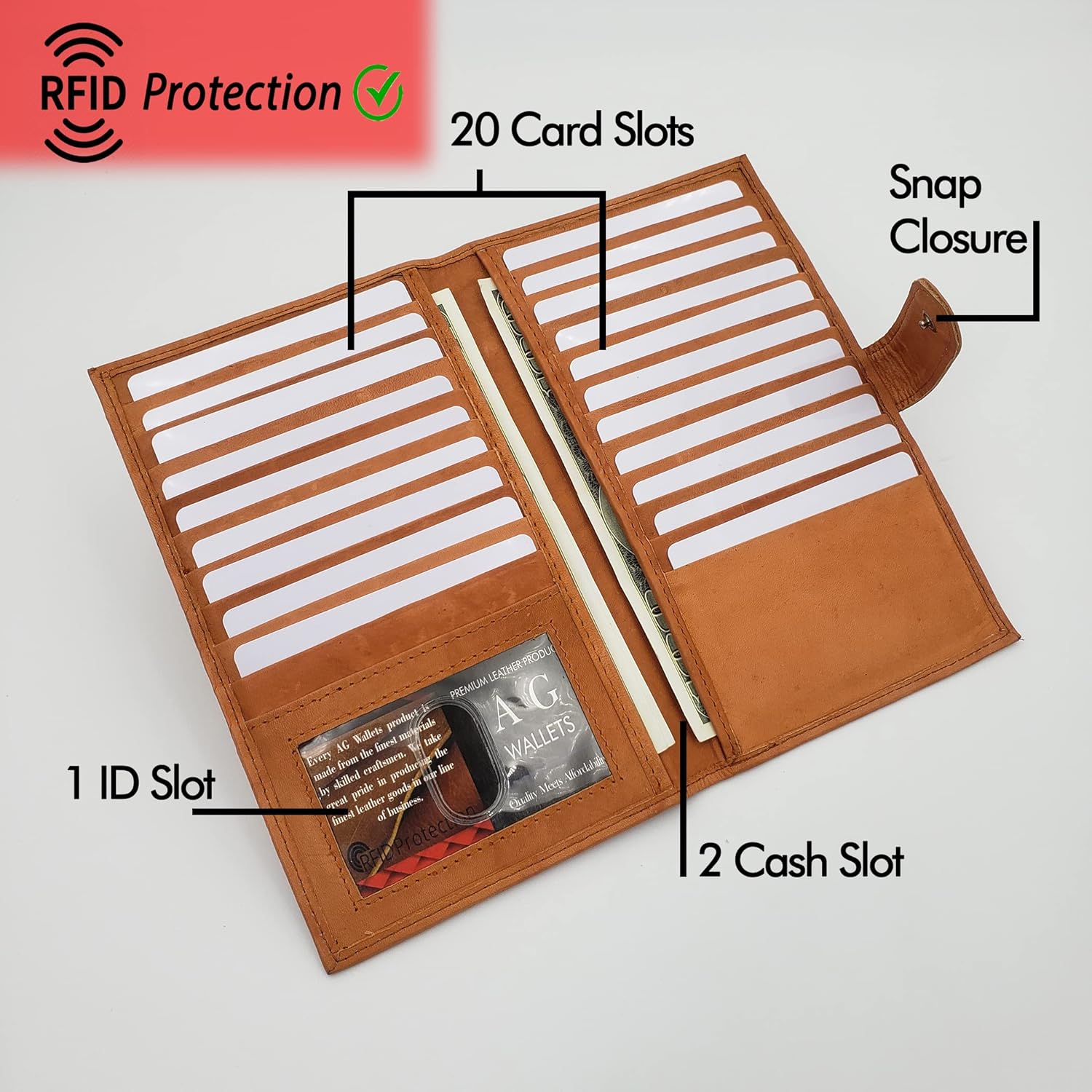 AG Wallets Genuine Leather Mens Long ID 19 Credit Card Security Wallet (RFID_TanSnapClose) - Image 2