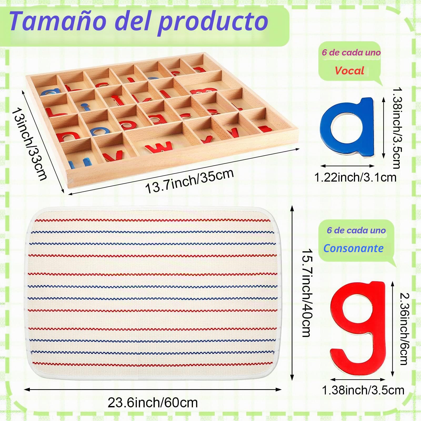 Juexica Letras minúsculas Montessori Letras del alfabeto de madera móvil con caja y alfombrilla grande, pequeñas bandejas de madera Montessori, materiales de aprendizaje de ortografía preescolar, rojo