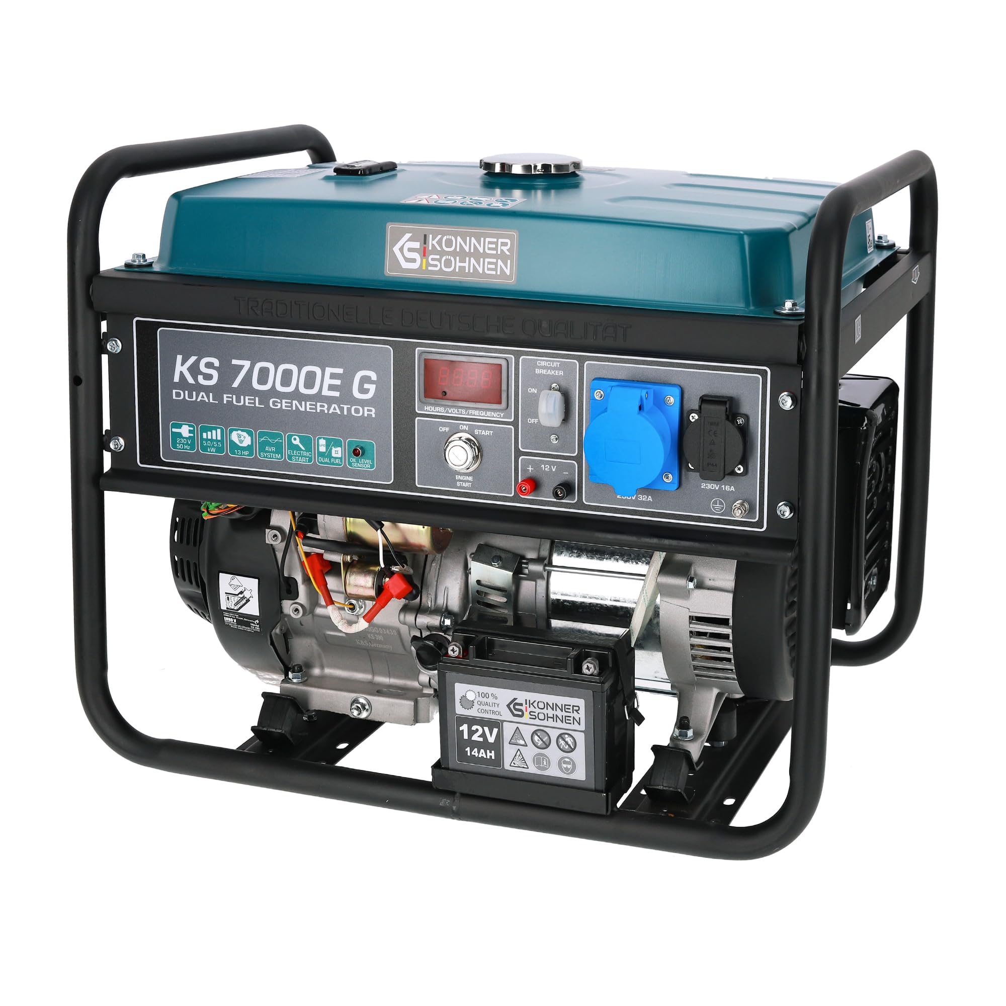 Generador de doble combustible (gasolina y gas) KS 7000E G, generador electrico gasolina5500W,1x16A,1x32 (230V),12V, generador 4 tiempos con (AVR),indicador aceite,protección ante sobrecargas