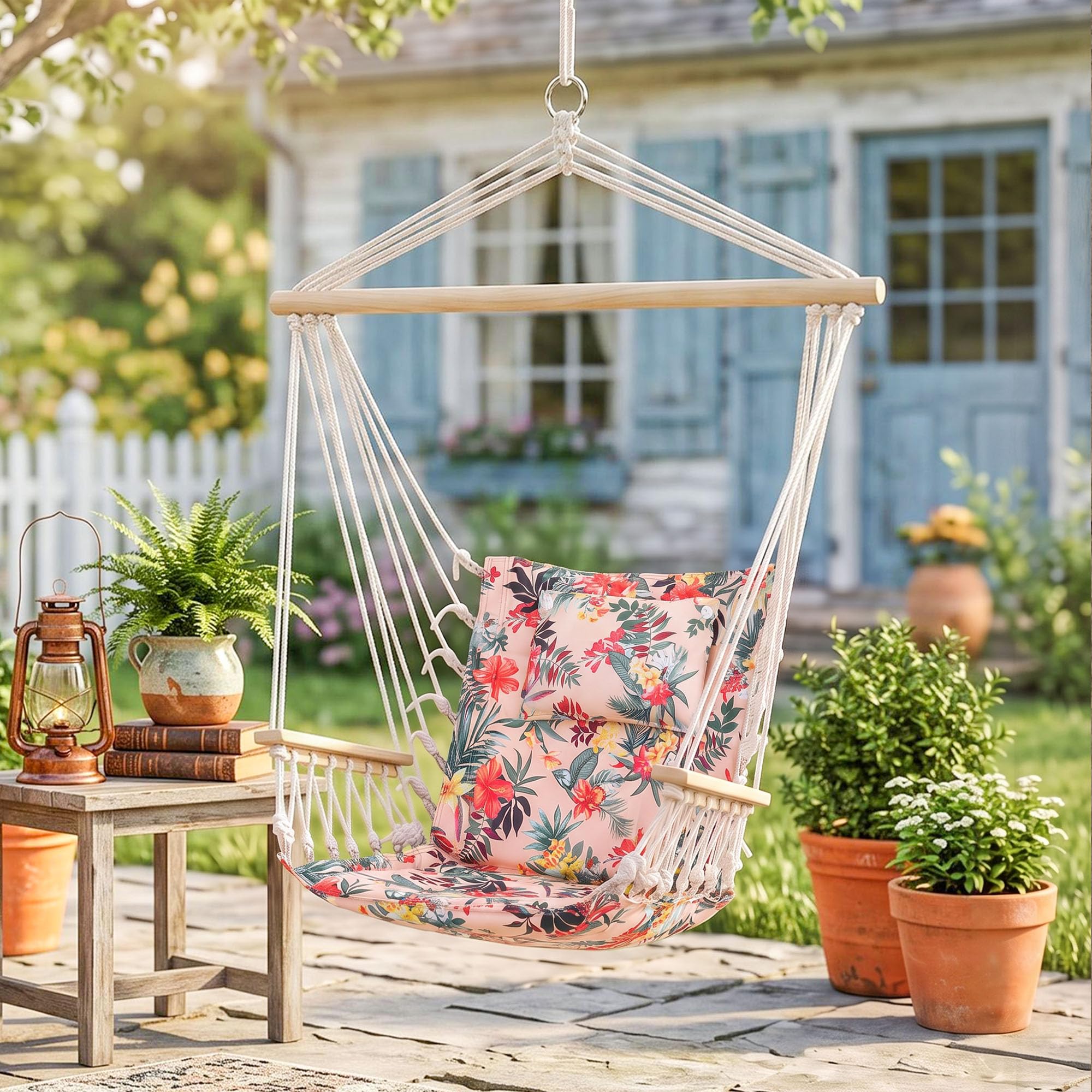 Outsunny Wiszący fotel hamak drewniane ramiona wielokolorowy kwiatowy