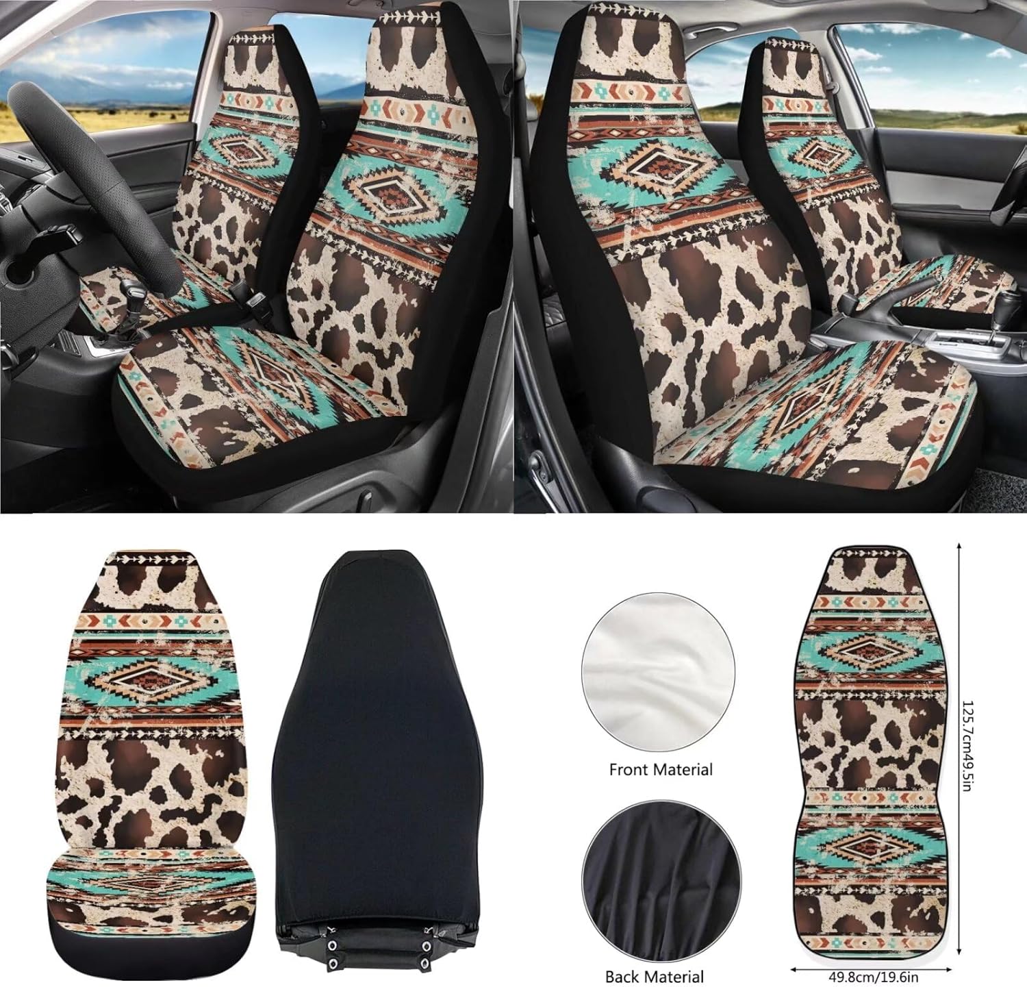 Wanyint Aztec Cow Print Brown Teal 12 Pcs Front Car Seat Cover Set with Bucket Seat Cover Steering Wheel Cover Seat Belt Pad Armrest Cover Coaster Trash Bag Air Vent Bag Rearview Mirror Cover Keychain