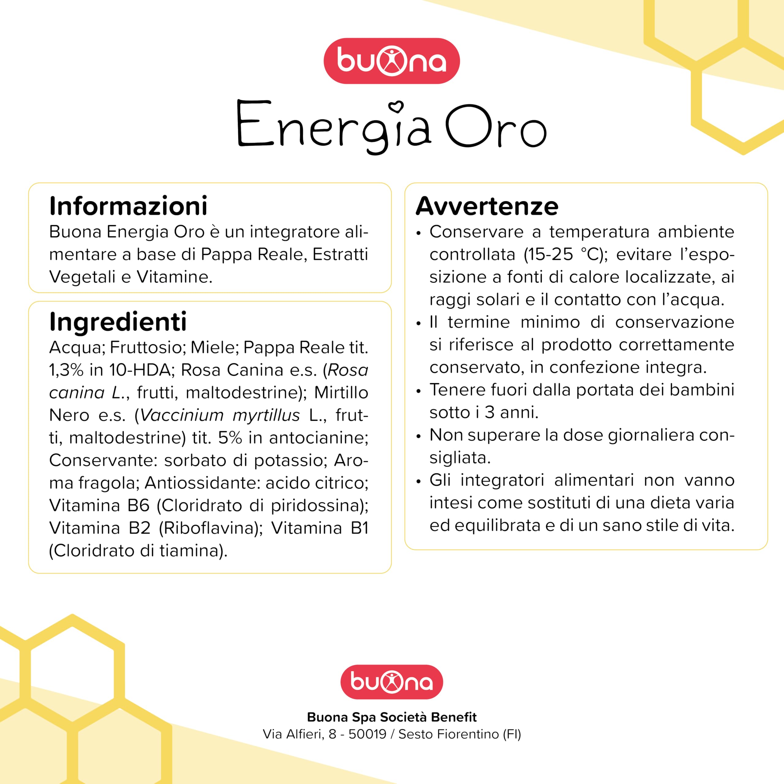 Buona Energia Oro Flaconcini Bambini 10 Flaconcini da 10 ml, con Pappa Reale, Vitamina B1, B2 e B6, Rosa Canina e Mirtillo Nero, Integratore Stanchezza, Ricostituente Senza Lattosio
