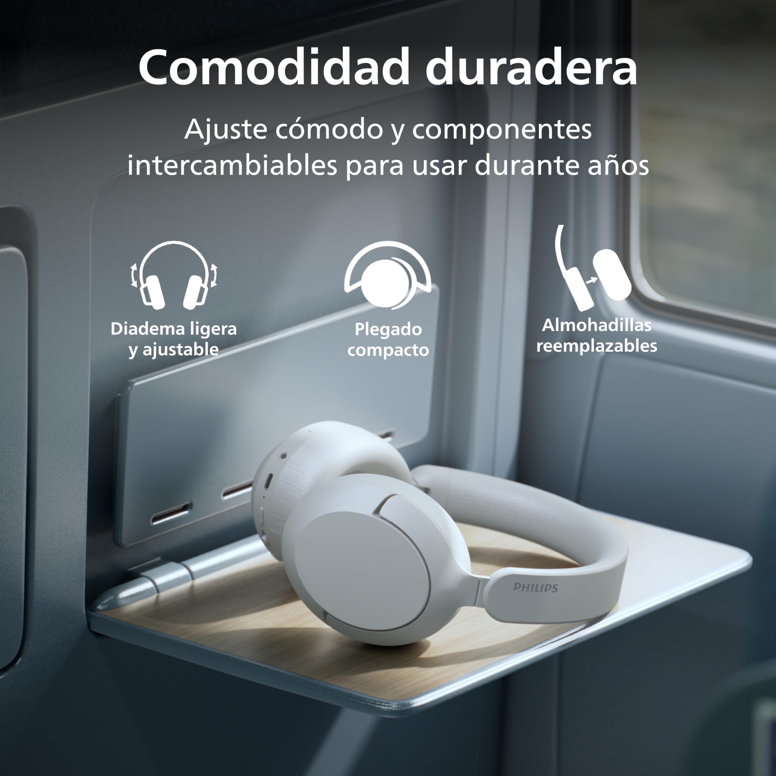 Philips TAH6000WT Auriculares inalámbricos Over-Ear con Cancelación adaptativa del Ruido, 80h reproducción, Graves dinámicos, Drivers 40mm, Bluetooth 6.0, Multipunto, 5 micros para Llamadas, Blanco