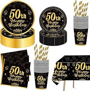 50th Birthday Party Supplies Tableware-Complete Pack Include 50th Birthday Party Plates, Napkins, Cups Straws Tablecloth Serves 16 Guests for Men and Women 50th Birthday Party Decorations