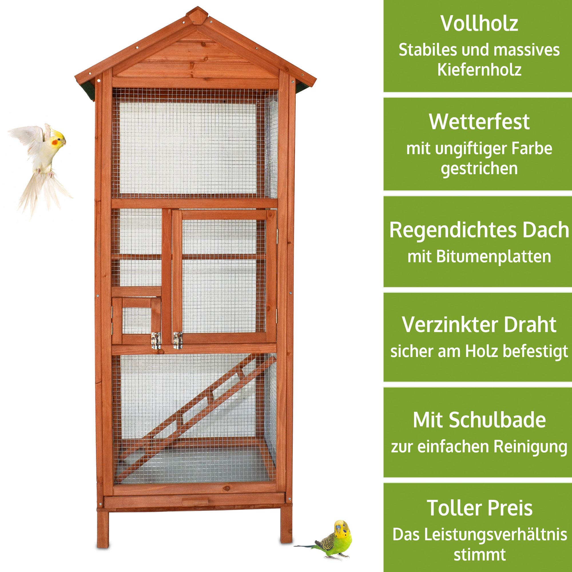 zooprinz Premium Vogelvoliere mit Kotschublade – aus hochwer-tigem Vollholz und verzinktem Draht – witterungsbe-ständig und langlebig – 3 Modelle zur Wahl (M) - vogelkäfig groß