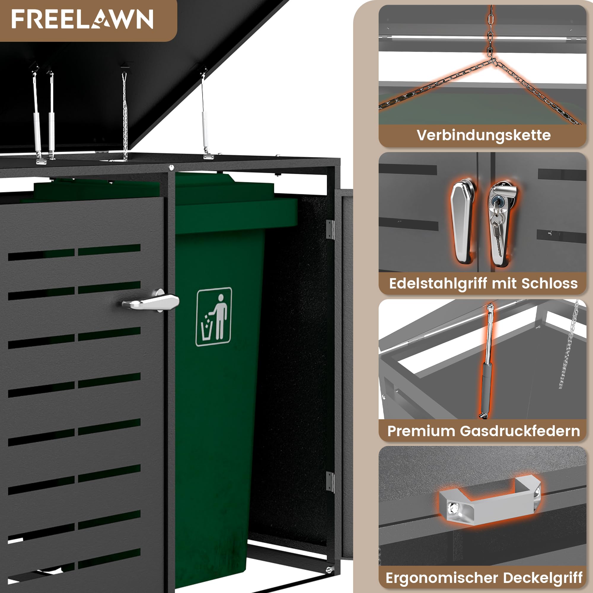 Mülltonnenbox 4er 240L Verzinkter Stahl, Wetterfeste Mülltonnenverkleidung mit Gasdruckfedern & Müll-Aufkleber, Anthrazit (Lieferung: 4 Pakete, 2X A+2X B)