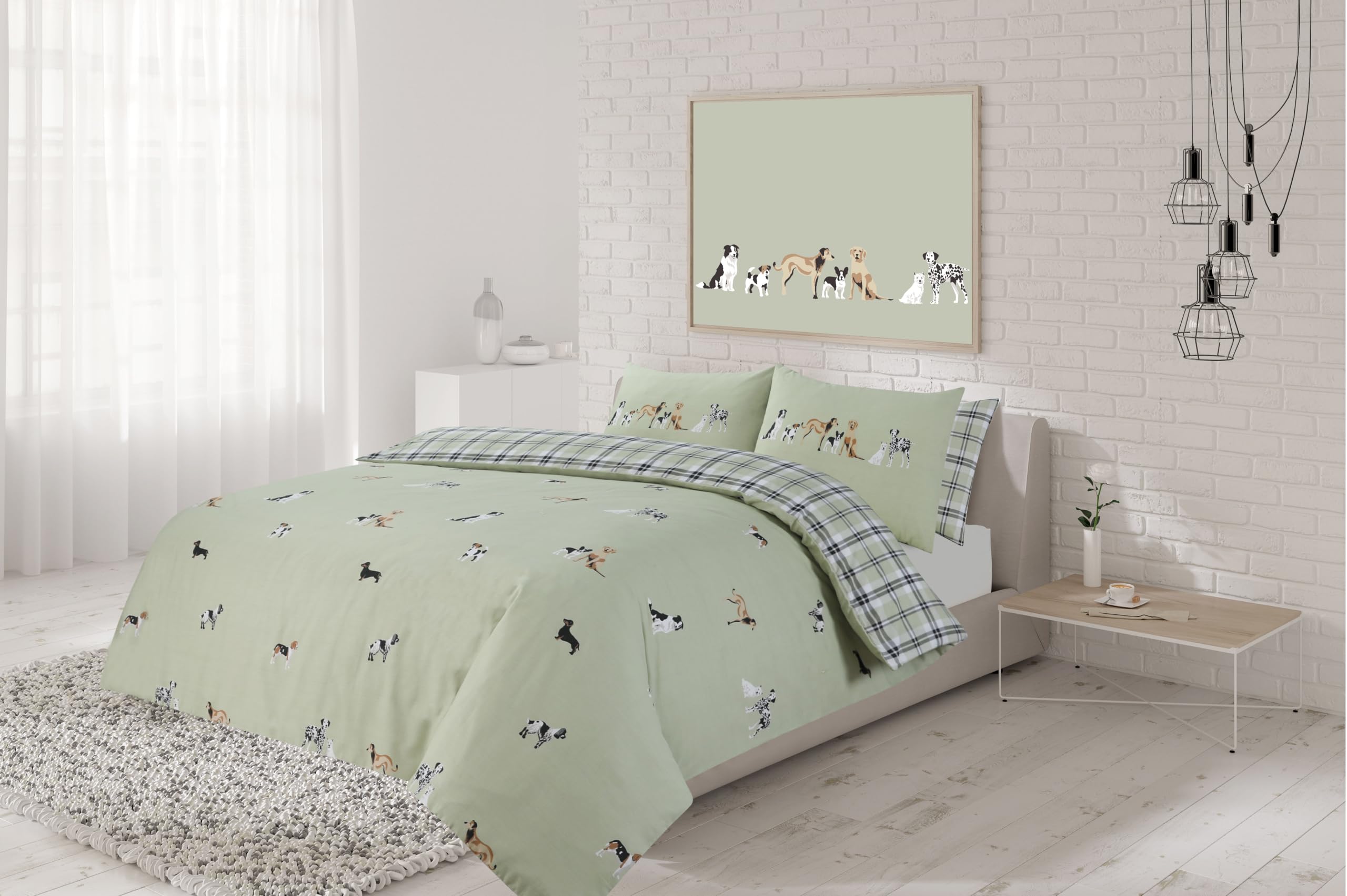 Charlotte Andersen Green Dog Duvet Cover Super King Polycotton Reversible White Bedding Set (, Super King)