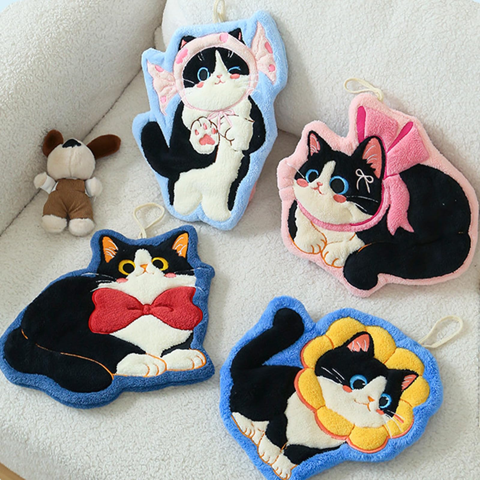 XYISWOT Coral Velvet Cute Cat Hand Towels Dopamine Color Cartoon Cat Kids HandTowel House Design for Girls (Blue-Candy)