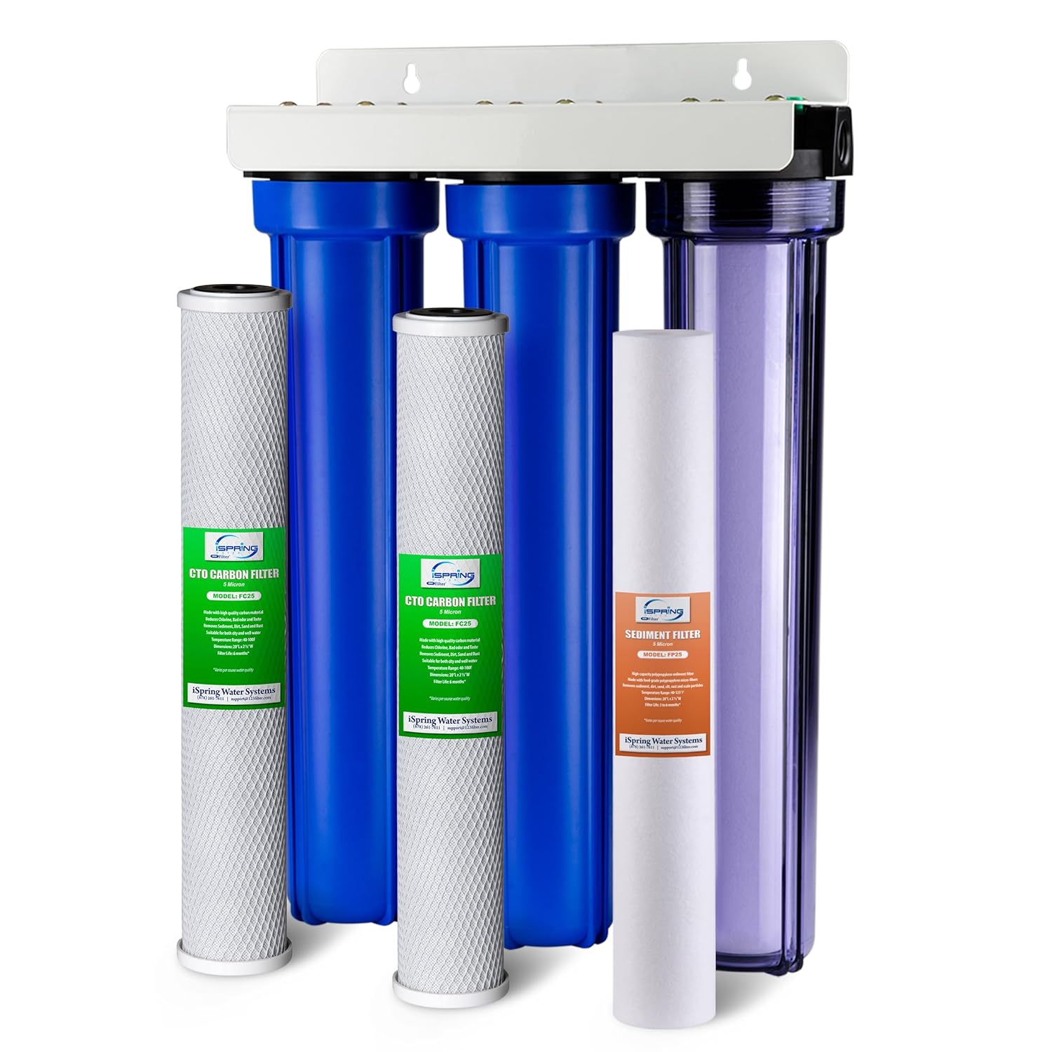 iSpring Whole House Water Filter System, Highly Reduces up to 99% Chlorine, Sediment, Taste, Odor, 3-Stage Water Filtration System w/Clear 1st-Stage Housing, Model: WCB32C, 3/4" Inlet/Outlet
