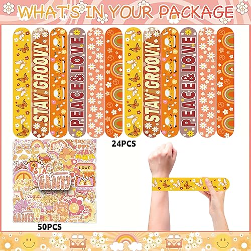 Miniatura 2 de 74 recuerdos de fiesta temáticos geniales que contienen 24 pulseras hippie, 50 calcomanías temáticas bohemias, recuerdos de fiesta boho hippie